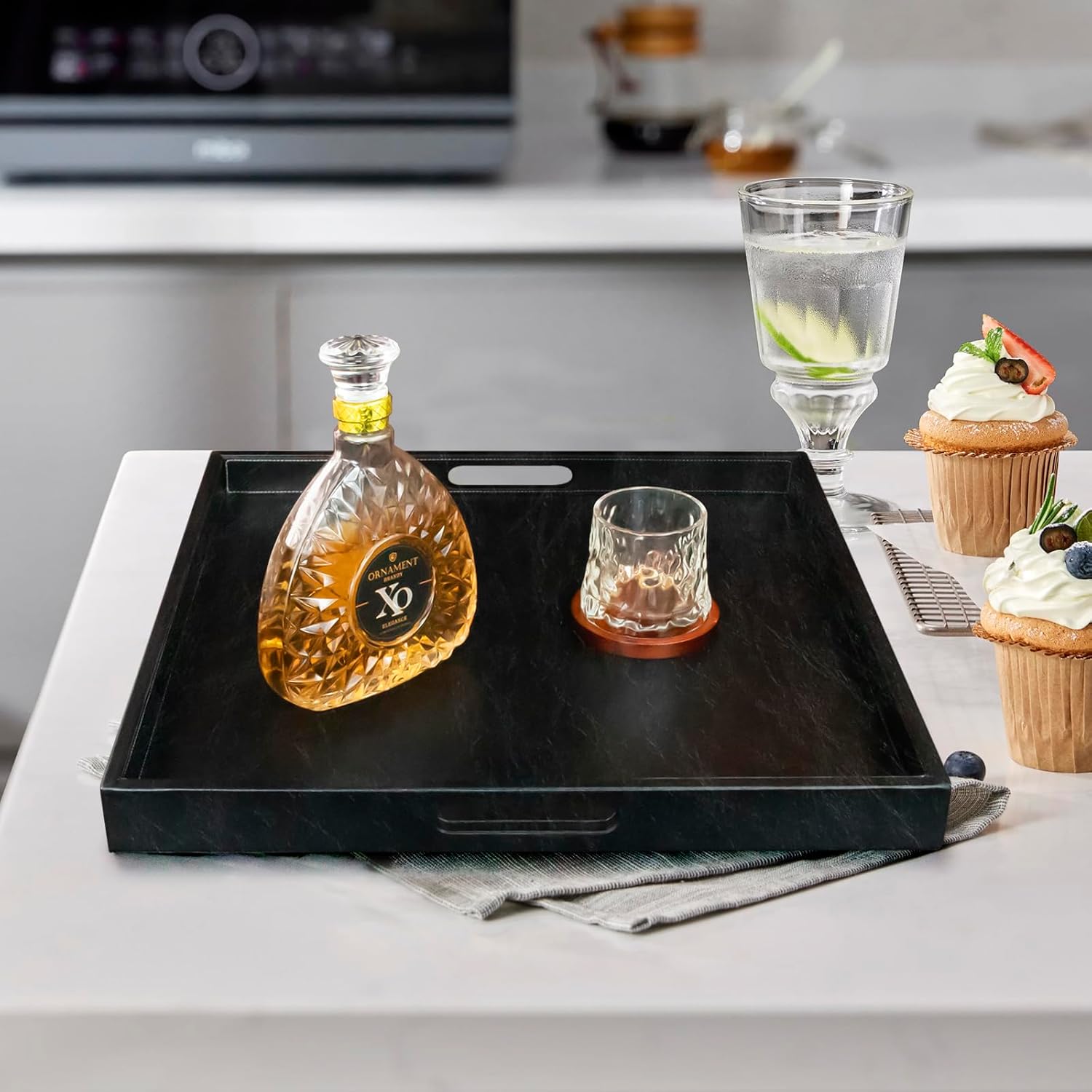 20 * 20 inches Leather Square Serving Tray with Hole Handles,High-End Light Large Service Tray for Ottoman Tray, Tea, Food, Butler - Countertop, Kitchen,Family Dinner, Picnic (Black) - Image 6