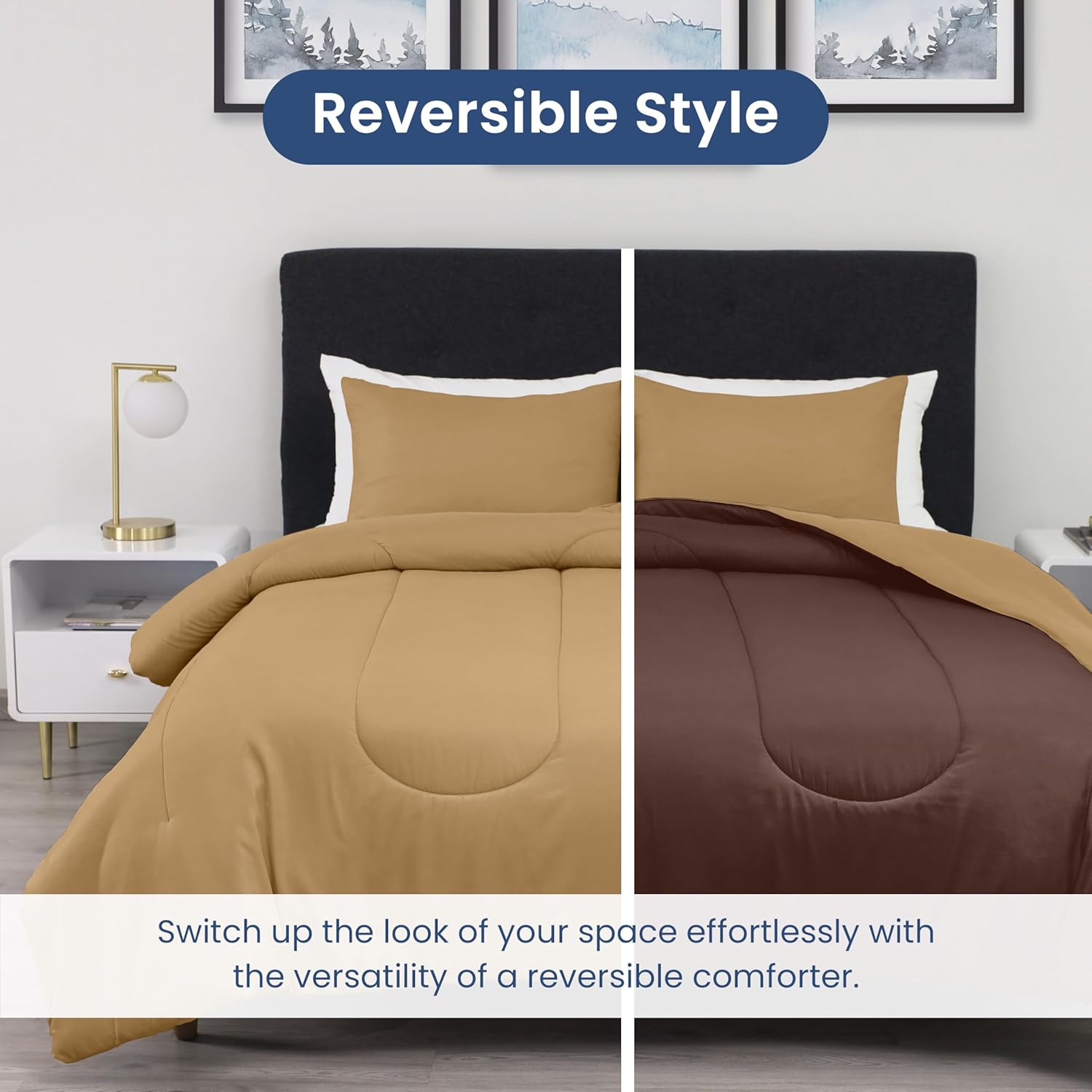 Martex 3-Piece Reversible Comforter Set – Full/Queen Comforter Set – for Full Size Bed & Queen Size Bed - Versatile Room Decor – Durable Bedding Set – Machine Washable – Super Soft – Khaki/Chocolate