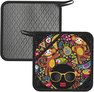 Black Head Woman with Monkey Hair 2PCS Silicone Pot Holders for Kitchen Oven Hot Pads with Pocket Heat Resistant Potholder Trivet for Oven Cooking Baking Pans