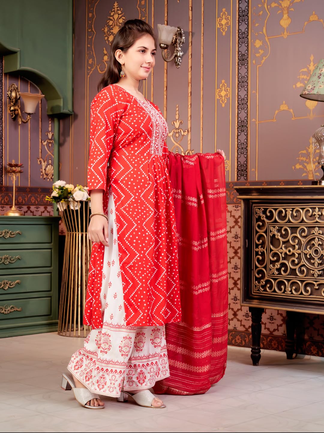 Aarika Girls Ethnic Wear Red Colour Bandhani Print Embroidey Rayon Kurti-8-15 Years (Kurti-Tr-242)