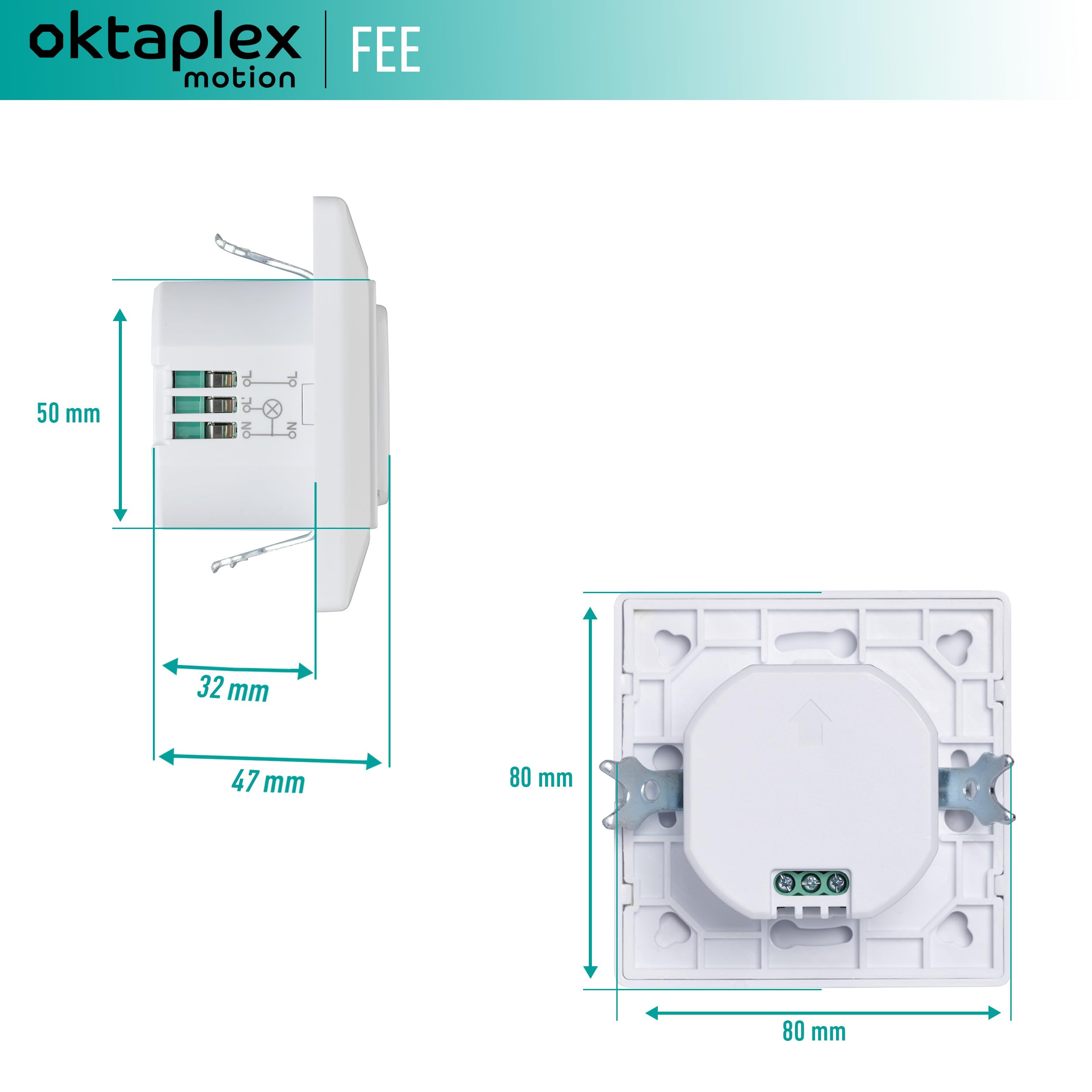 Oktaplex Fee Juego de 2 detectores de Movimiento empotrables Sensor de Alta frecuencia 180° Alcance 5-15m Caja de Pared Hueca 230V Blanco con Sensor crepuscular