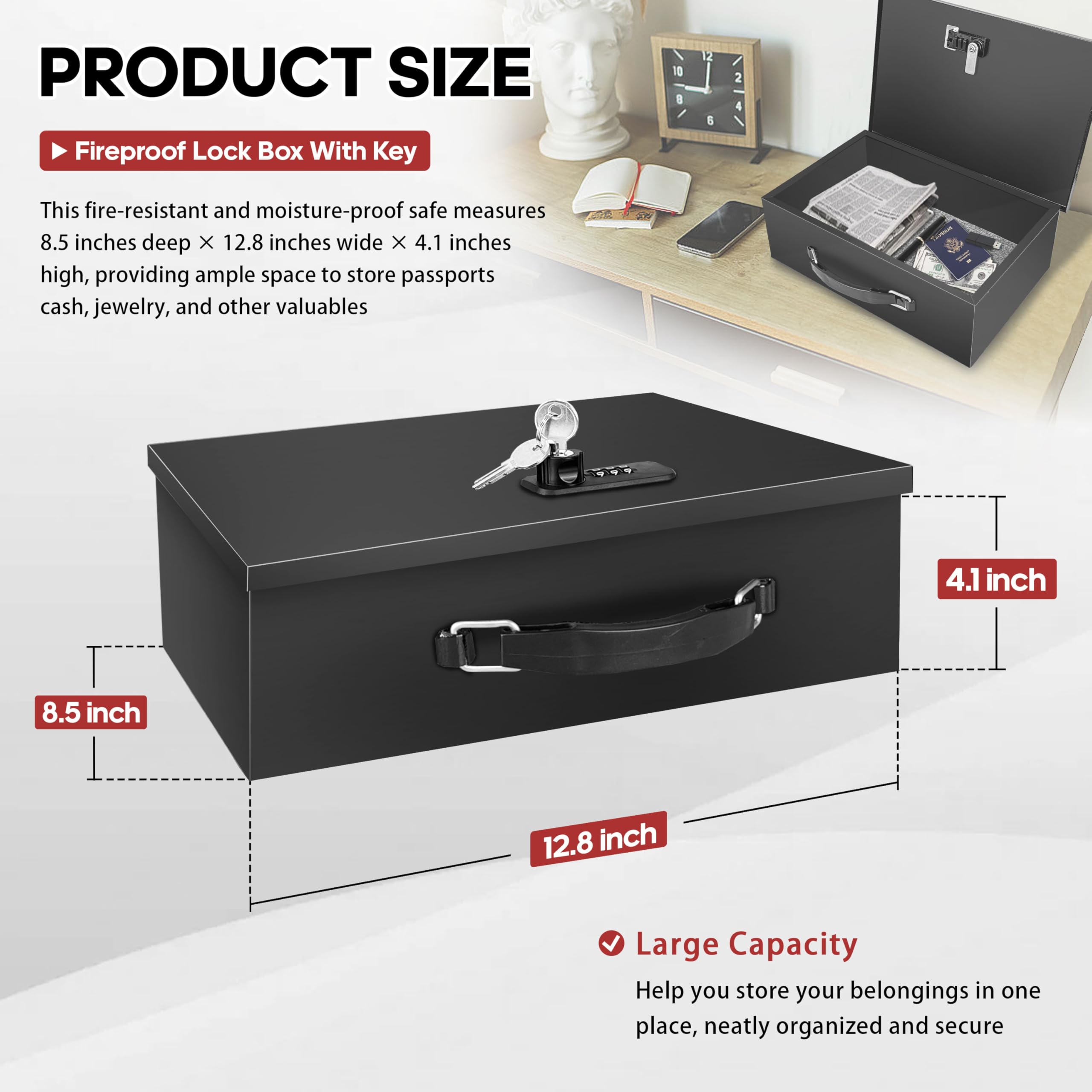 YIYITOOLS Caja de seguridad ignífuga con llave y cerradura de combinación, caja de documentos resistente al fuego, portátil, ignífuga, impermeable, segura para el hogar, oficina, viajes