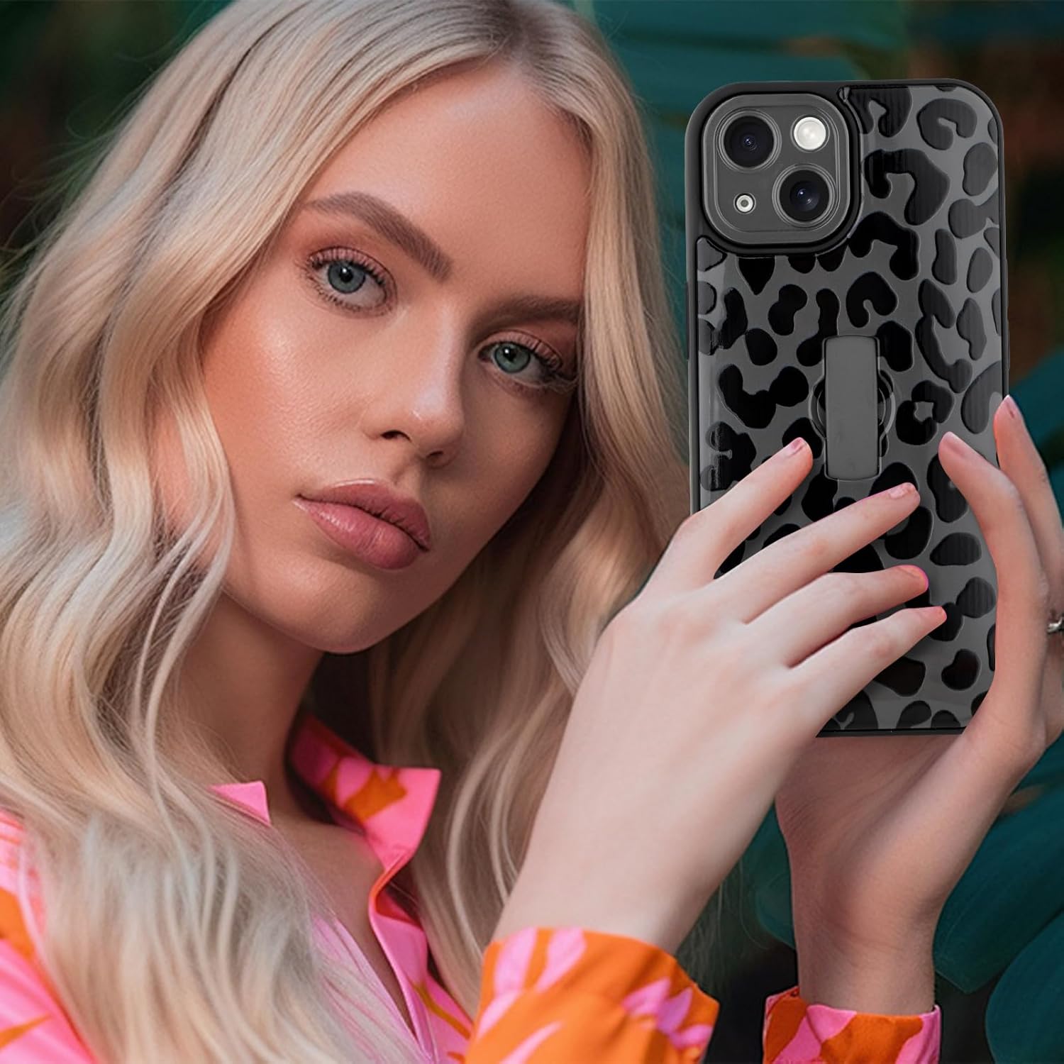 Compatible with iPhone 14 Case with Finger Hand Strap Kickstand, Trendy Cool Leopard Cheetah Print Phone Case for Women Men, Full Camera Protection Shockproof Protective Cover, Black - Image 6