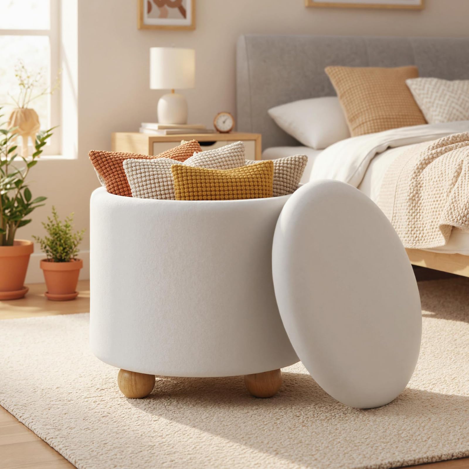 COSTWAY Pouf Contenitore 35 L, Ottomano in Tessuto Ciniglia con Coperchio Rimovibile, Sgabello con Gambe in Legno di Gomma, Portata 150 kg, per Soggiorno e Camera da Letto (Bianco)