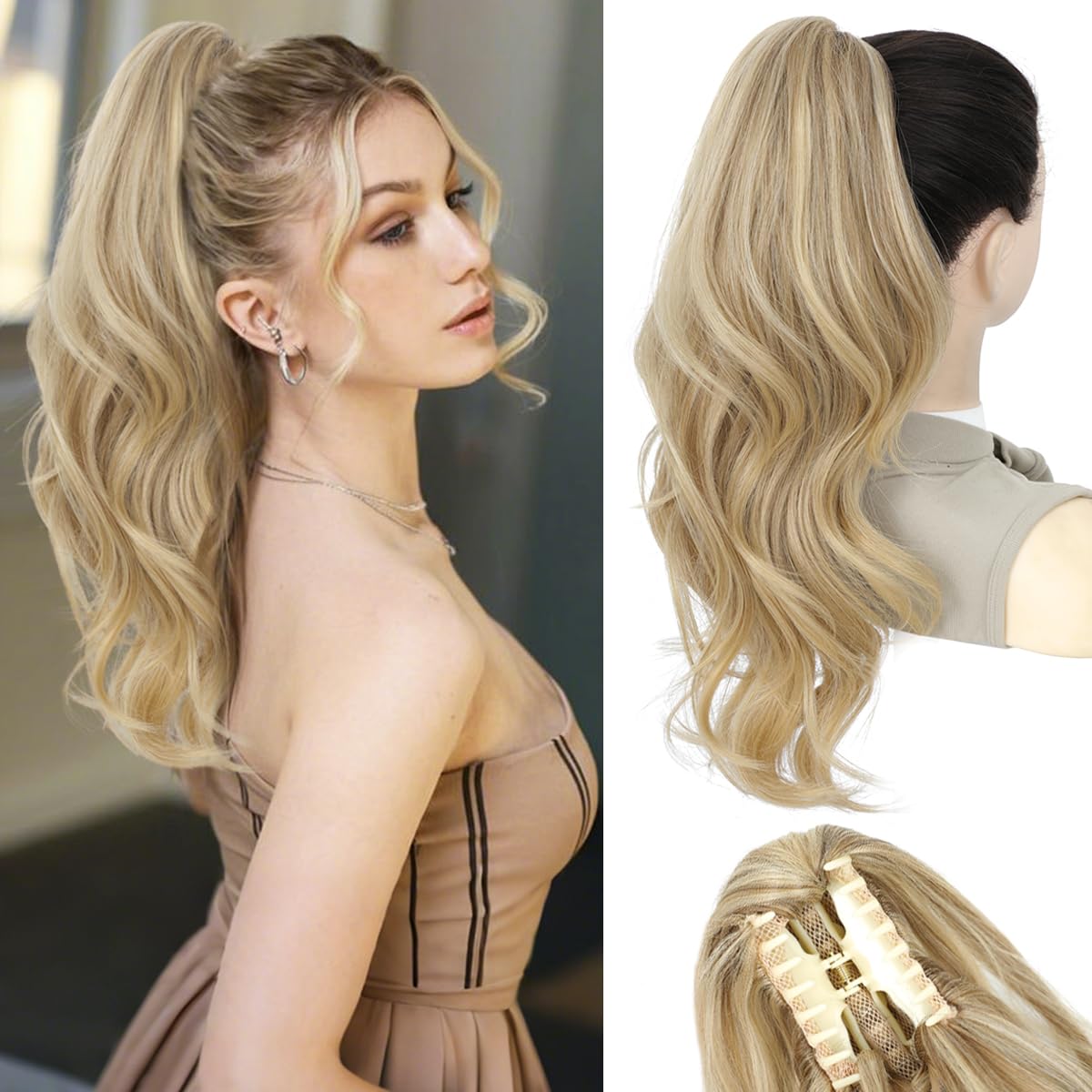 JingOu VEGALILY Ponytail Extension 20inch Clip in Ponytail Layered Claw Clip Ponytail Hair Extensions Blonde…