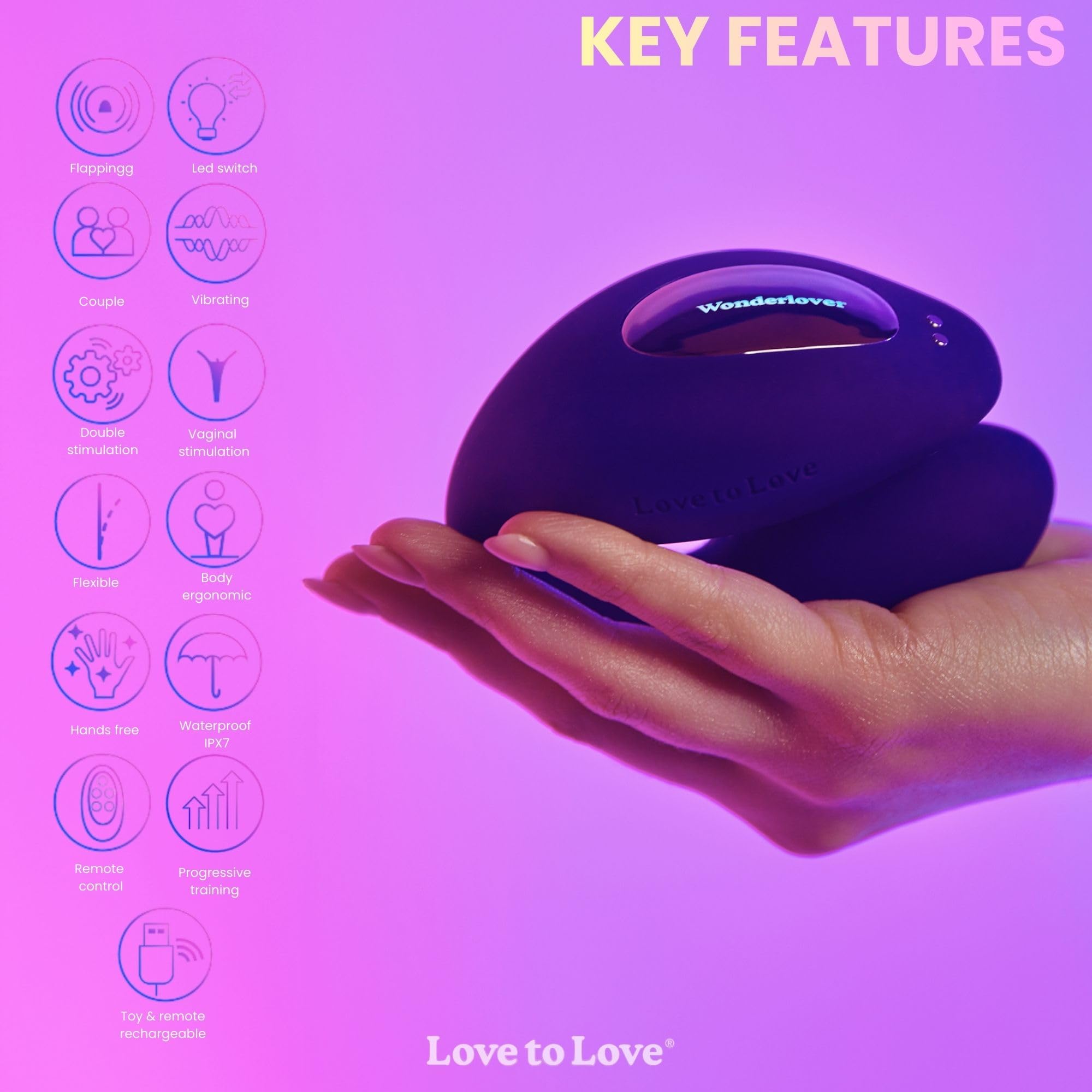 Love to Love Wonderlover – Sex toy ovetto vibrante con telecomando a distanza, doppia stimolazione clitoride & punto G, tecnologia flapping, 9 modalità, impermeabile, utilizzo a mani libere