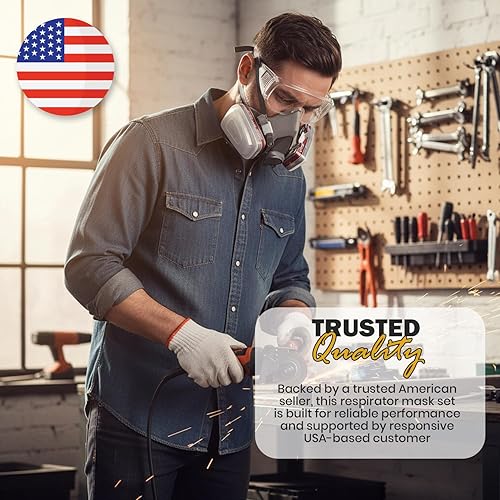 Miniatura 7 de Máscara respiradora para pintura en aerosol, carpintería, soldadura, polvo y seguridad general con gafas transparentes, 10 filtros de repuesto,