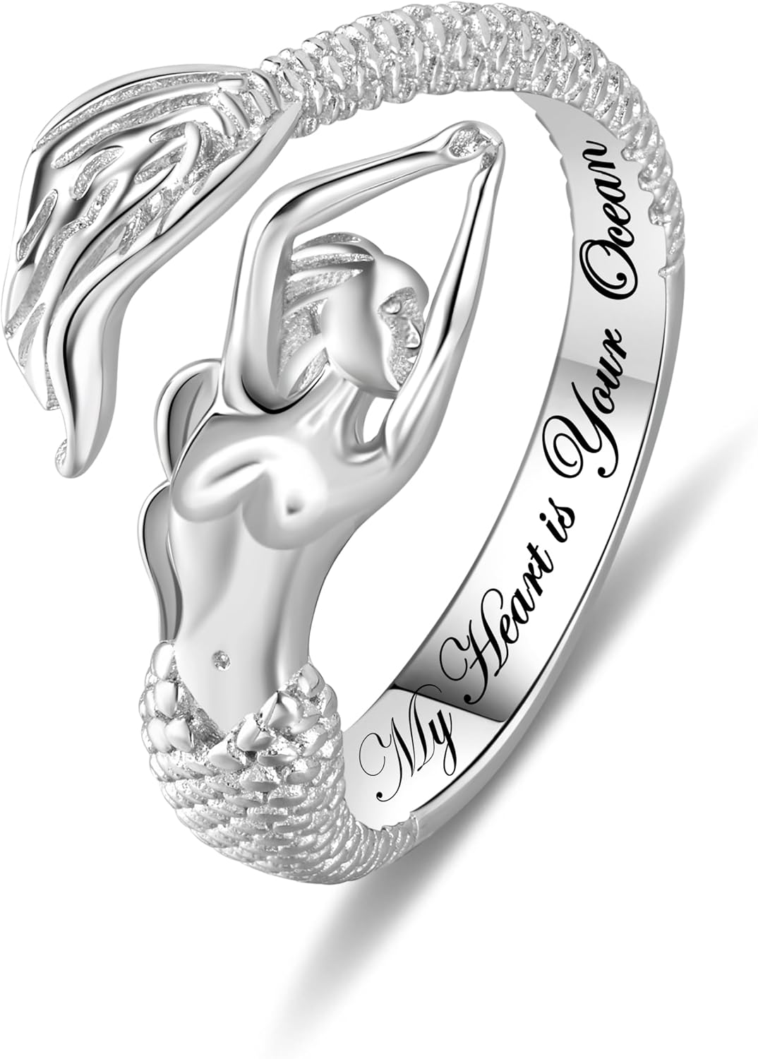 Mermaid Adjustable Ring - 925 Sterling Silver Fairytale Little Mermaid Open Wrap Rings for Women