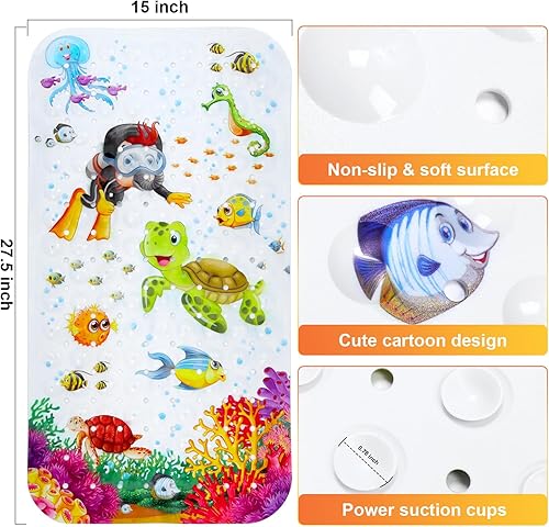 Miniatura 3 de Alfombra de baño para bebé para niños, 27.5 x 15 pulgadas, antideslizante, con dibujos animados, con agujeros de drenaje y ventosas, lavable a