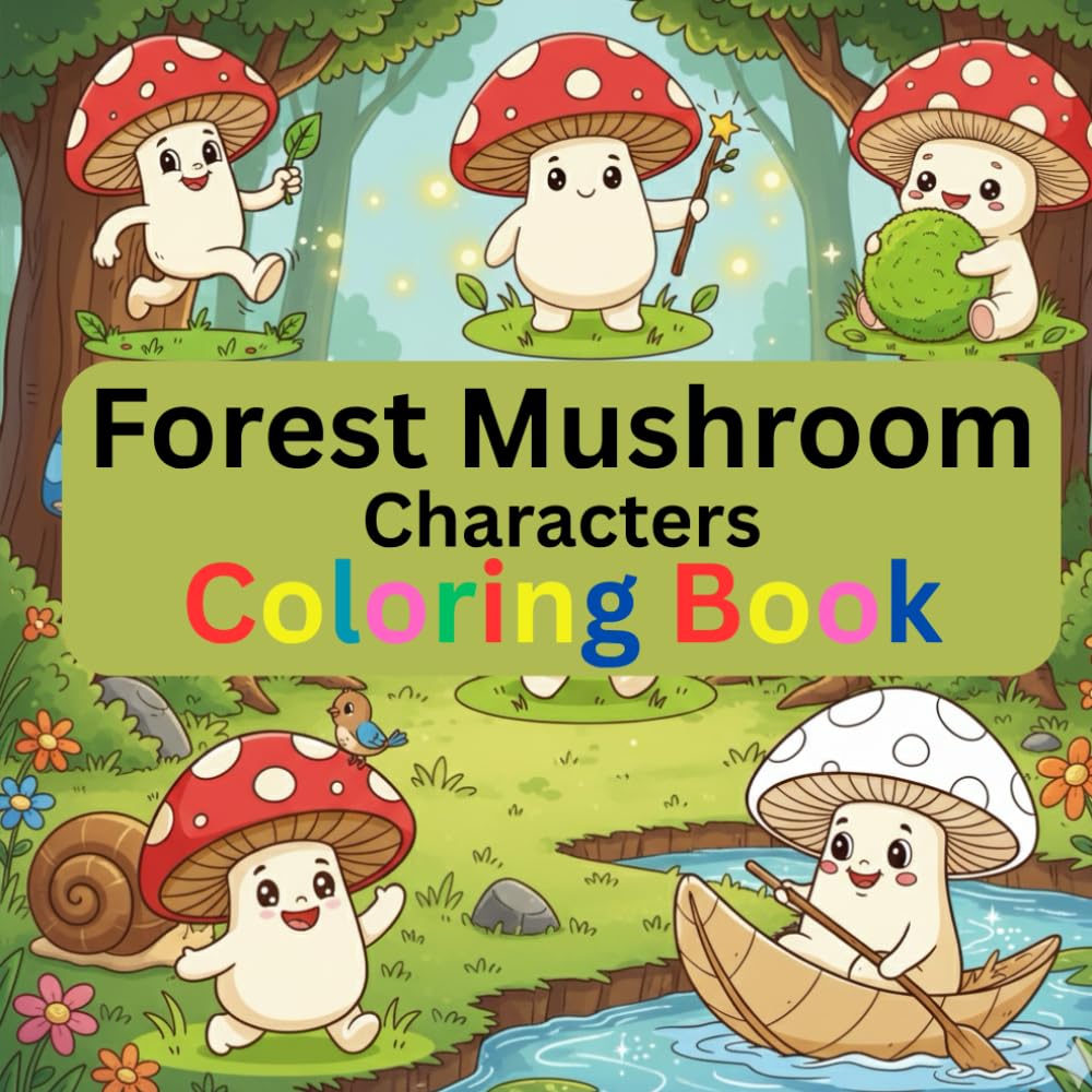 Forest Mushroom Characters Coloring Book for Kids Ages 4–8: Cute & Easy Kawaii Mushroom Friends, Simple Woodland Coloring Pages for Boys & Girls: Forest Mushroom Characters Coloring Book