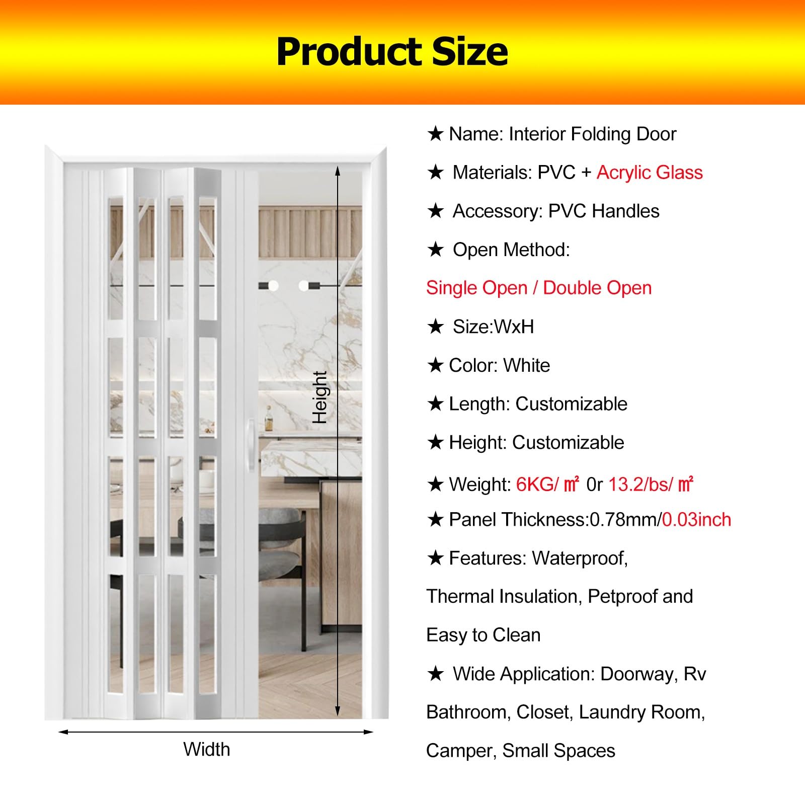 Closet Door Folding Doors Interior Temporary Accordion Door, Aluminum  Internal Sliding Door Glass 60 58 56 52 50 48 46 44 42 40 38 36 34 32 30 28  26 24 20 Inches, Room Divider Multifold Door(WxH 77x80in(196x203cm Barn Door  Hardware, image size:1600x1600