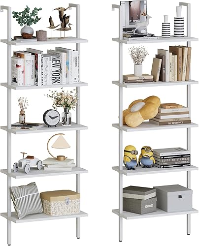 Miniatura 11 de aboxoo Estantería de escalera 2PCS de mármol blanco, estantería de madera de 5 niveles para montar en la pared, soporte abierto industrial moderno