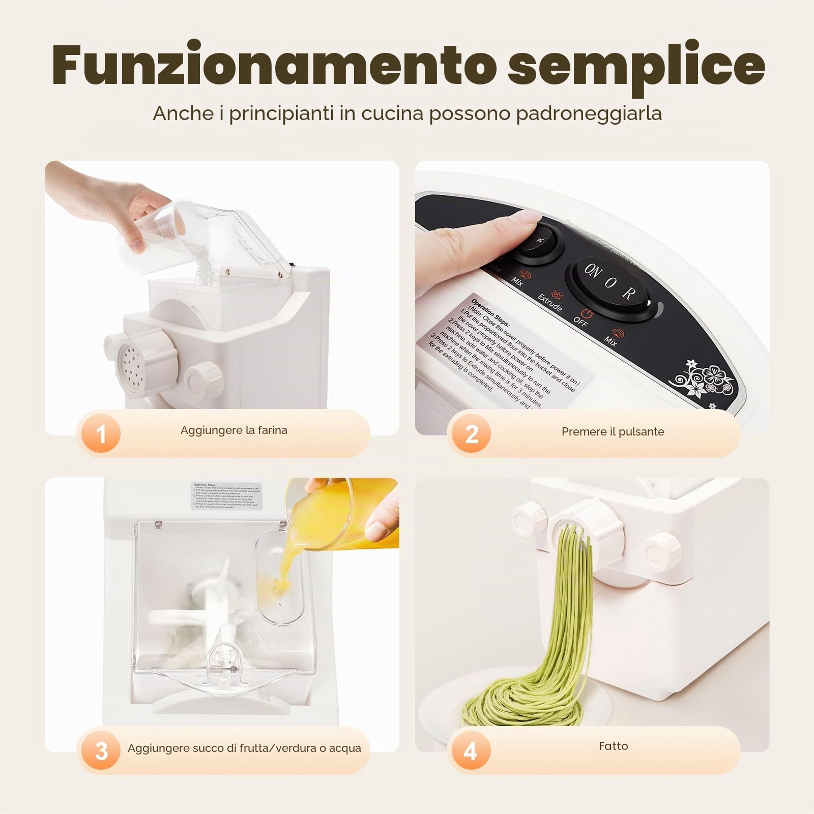 Macchina per la pasta, Pasta Maker Automatico con motore in rame, pasta fatta in casa in 12 minuti, 9 forme in acciaio inox, modalità retromarcia, pasta per verdure, clip di sicurezza, capacità 500g