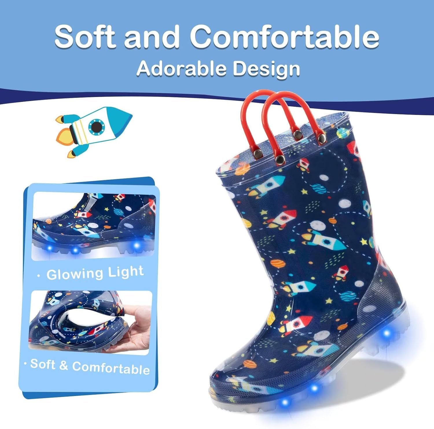 FUNCOO PLUS Toddler Kids Rain Boots Boys Girls Light Up Waterproof Boot with Handles