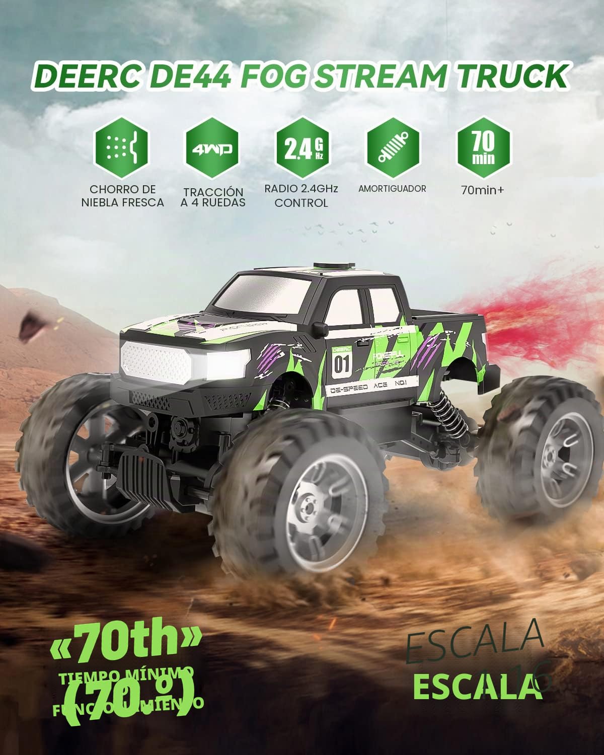 DEERC DE44 1:16 Escala Monster Truck con niebla de niebla, motores duales todoterreno RC coche, 4WD Rock Crawler con luces LED, juego de 70 minutos, vehículo de juguete para niños y adultos