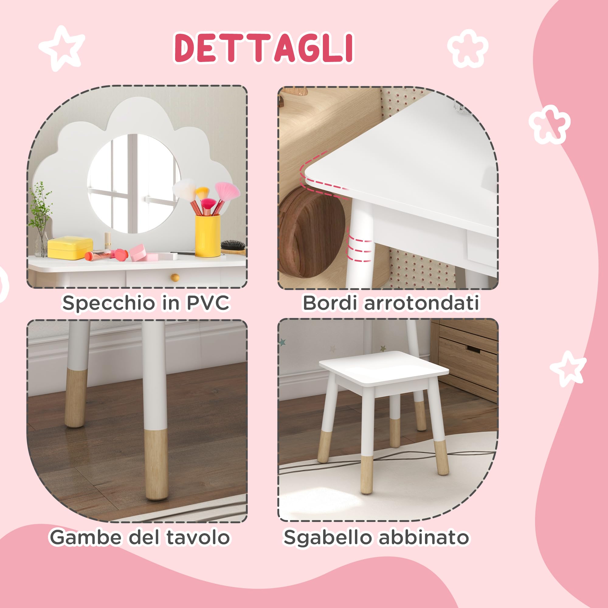 AIYAPLAY Set da Trucco per Bambine 3-6 Anni con Sgabello da Trucco, Tavolo Toeletta con Specchio a Nuvola e Cassetto Portaoggetti in Legno, Bianco