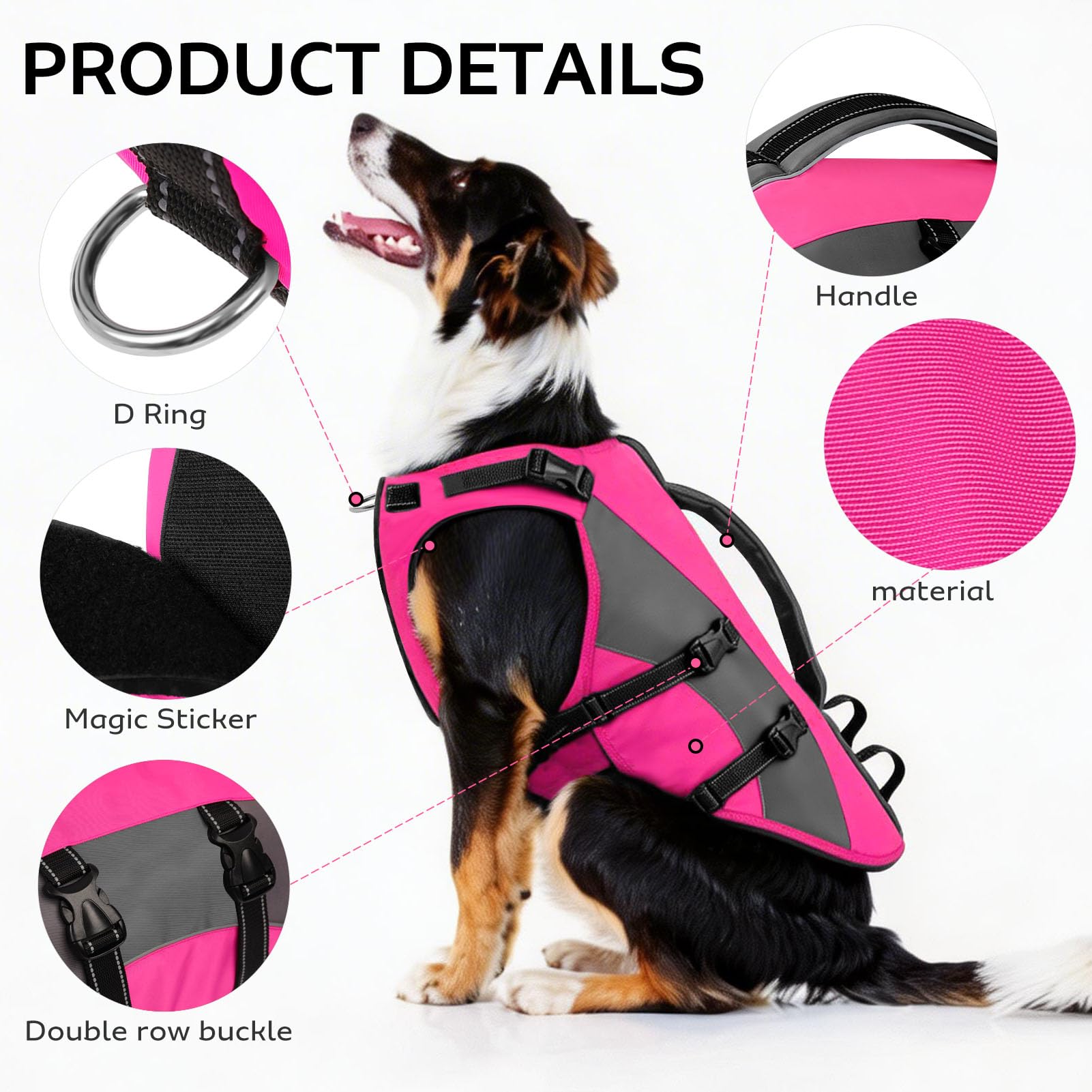 CITÉTOILE Hunde Schwimmweste mit Griff und Reflektierend, Einstellbare Rettungsweste für Kleine Mittel Große Hunde, Langlebigem für Wassersport Schwimmen und Bootfahren, Rosa, M