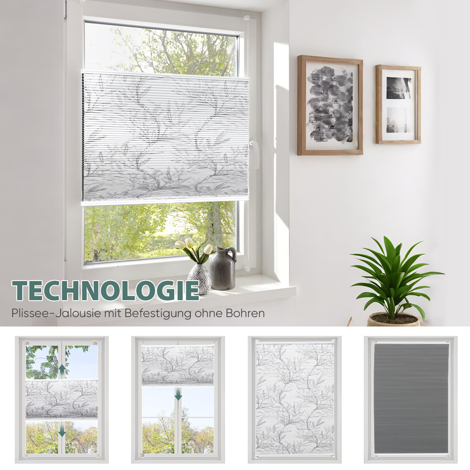 Sekey Store plissé en nid d'abeille - sans perçage - 100% occultant - Opaque - Klemmfix - Rail en Aluminium - Blanc au Choix - Impression et Gris - 60 x 130 cm (l x h)