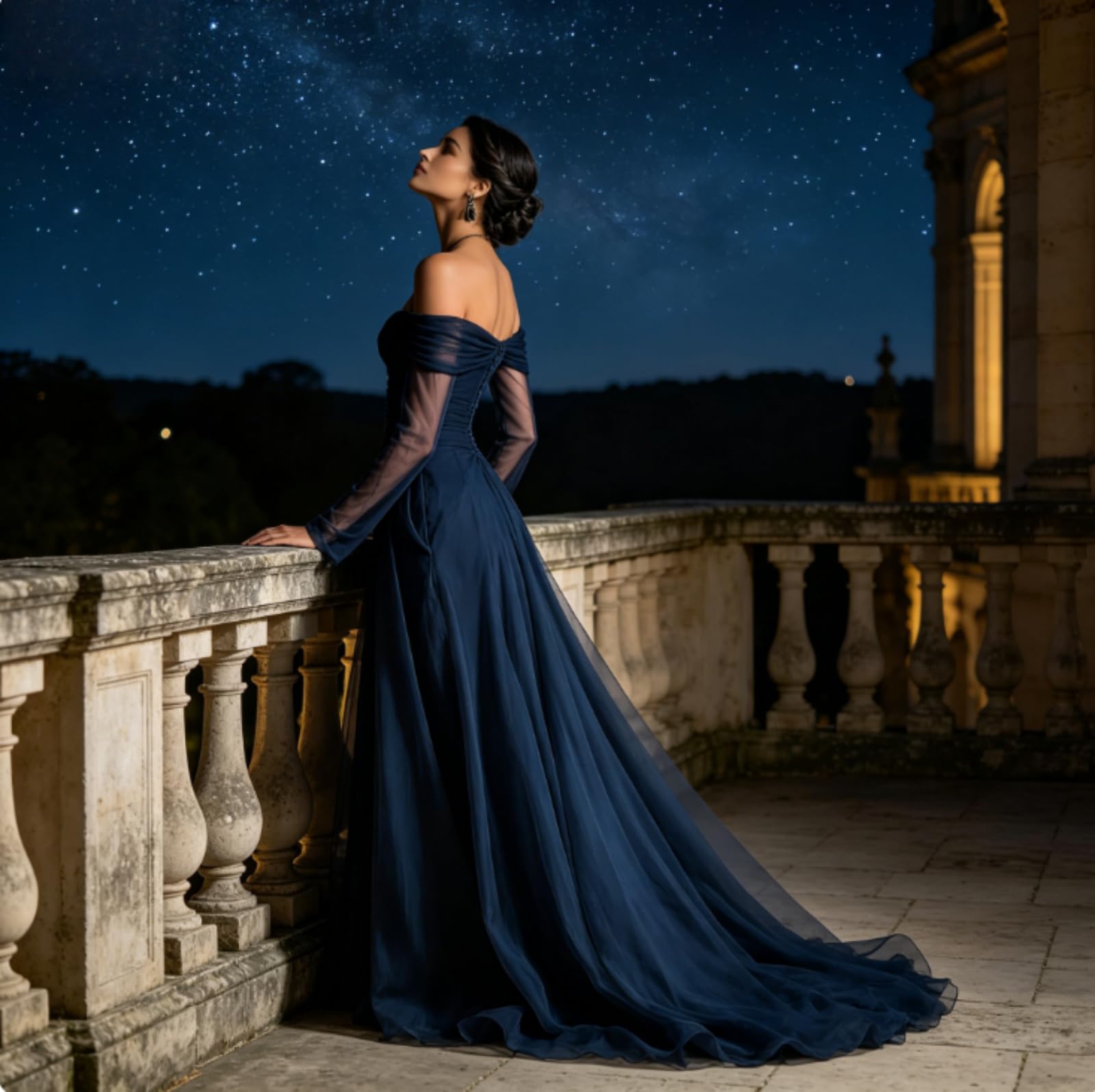 Maxivestido Elegante para Mujer en chifón Azul Oscuro, de Manga Larga, Hombros Descubiertos y Corte Ajustado; diseño de Primavera-Verano con Paneles de Malla.