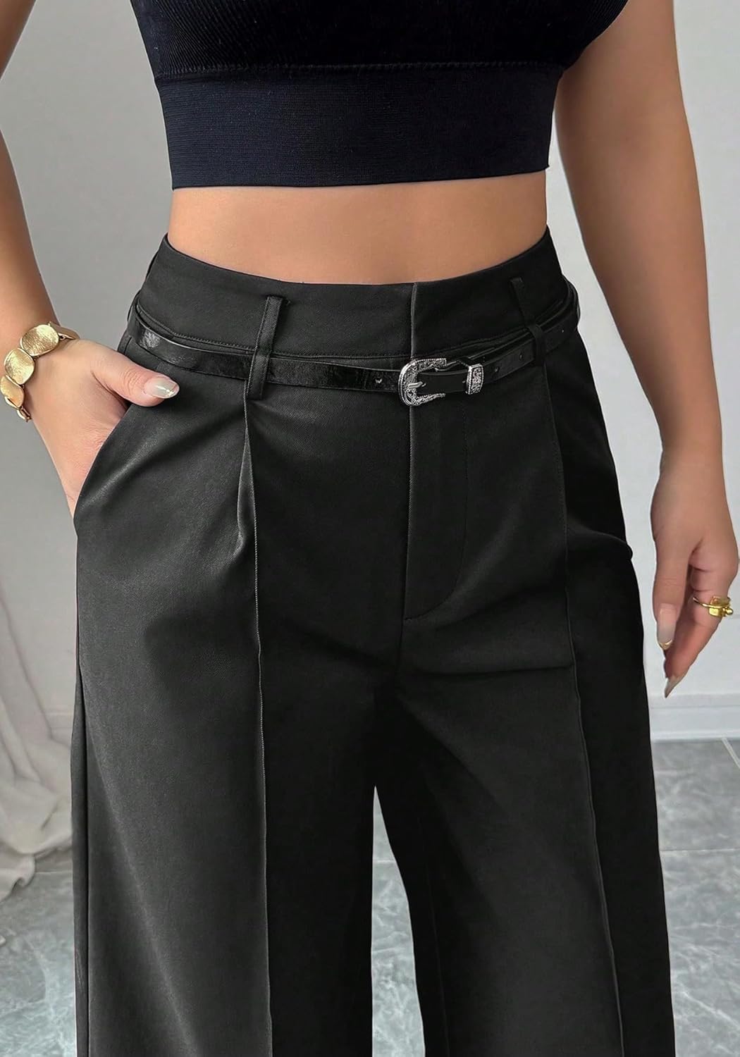 LETSVDO Women's Straight Leg Dress Pants High Waisted Belted Pleated Wide Leg Slacks Trousers(for Work,Business,Office) - Image 6