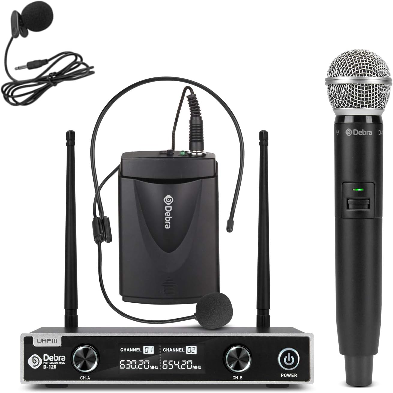 Debra auido PRO D-120 Dual Channel Wireless Microphone System Microphones With Handheld Lavalier Headset Mics for outdoor wedding, Conference, Karaoke,Music, Party (With 1 Handheld & 1 Bodypack)