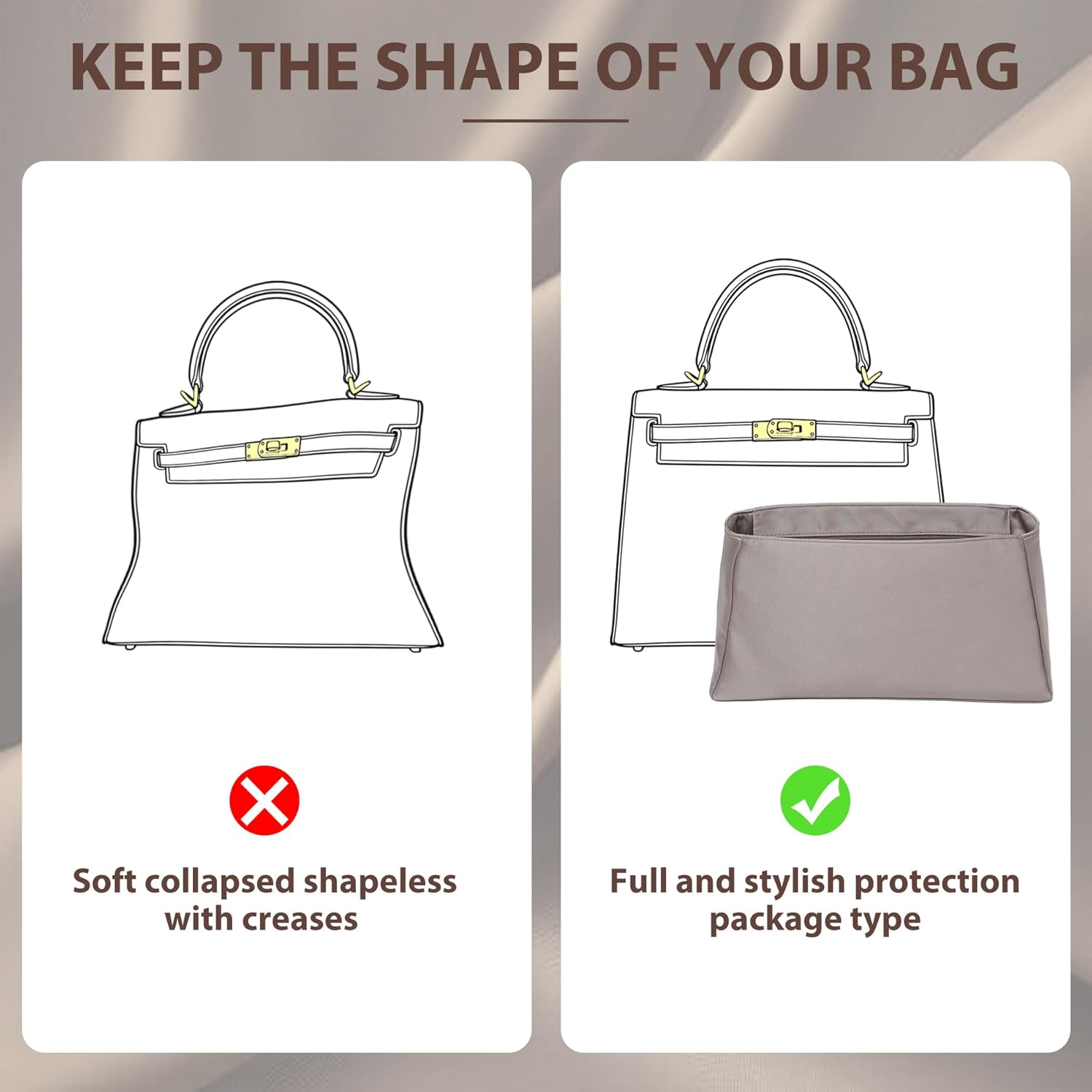 Doxo Ultra-Soft Satin Purse Organizer Insert for Hermes Kelly 28, Waterproof Lightweight Kelly 28 Bag Insert with 6 Compartments & YKK Zipper & Keychain, Luxury Handbag Liner Shaper (Etoupe Grey)