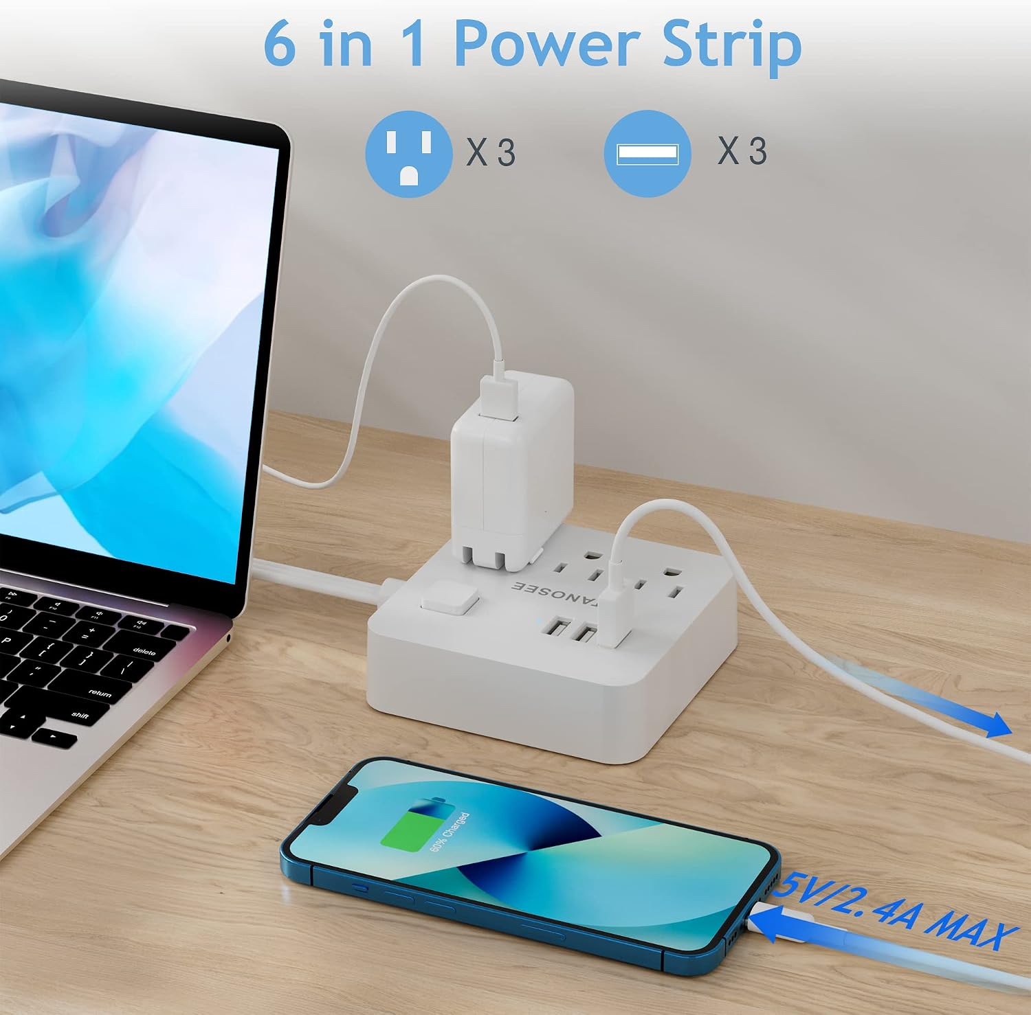 Flat Plug Power Strip, Thin Wall Plug with 3 Outlets 3 USB Charging Station, 5 Ft White Extension Cord Compact for Home Office Travel and Dorm Room