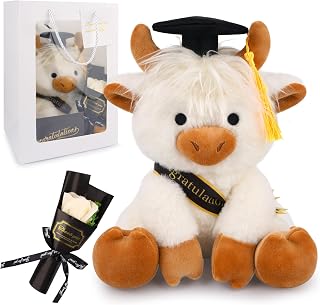 2026 Graduation Plush Toy- White Highland Cow with Gift Box Stuffed Animal | 8inch Cute Stuffy Plushies with Graduation Cap and Sash,Graduation Card Decorations Gift Her Him Kids Girls