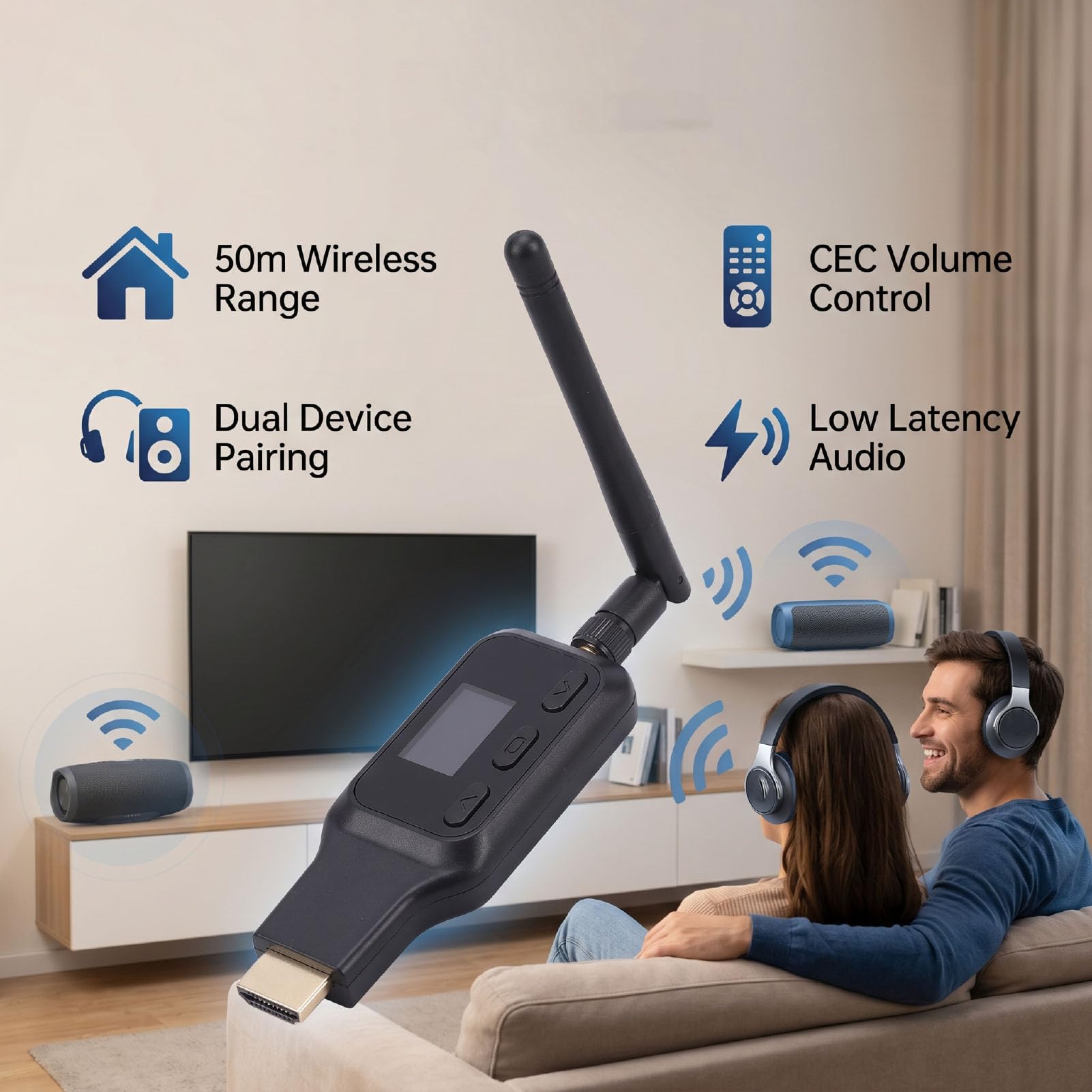 Bewinner Transmisor de Sonido ARC a Bluetooth 5.2, Alcance de 50 M Control de Volumen CEC Emparejamiento de Dispositivo Dual Adaptador de Audio para TV de Baja Latencia AptX LL HD