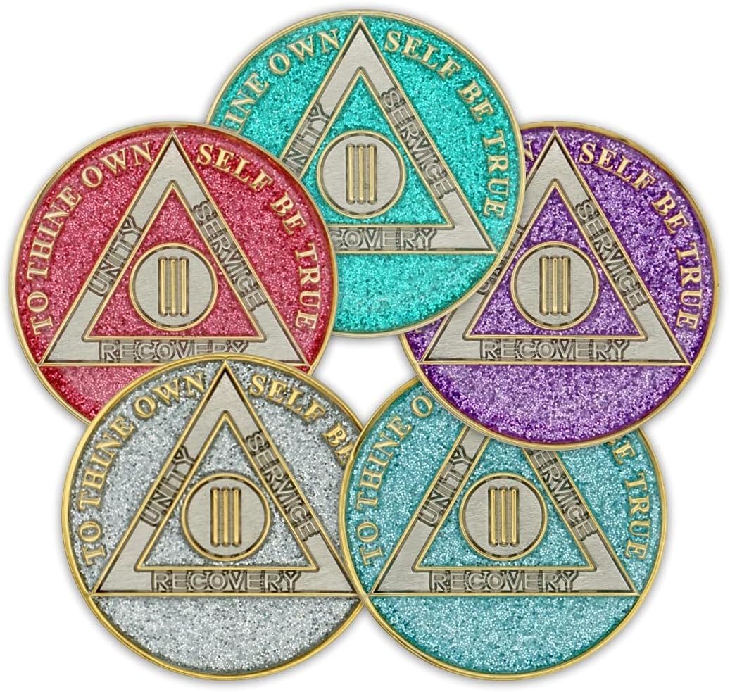 3 Year Sobriety Coin | Glitter Triplate AA Chip Recovery Anniversary Token (Pink)