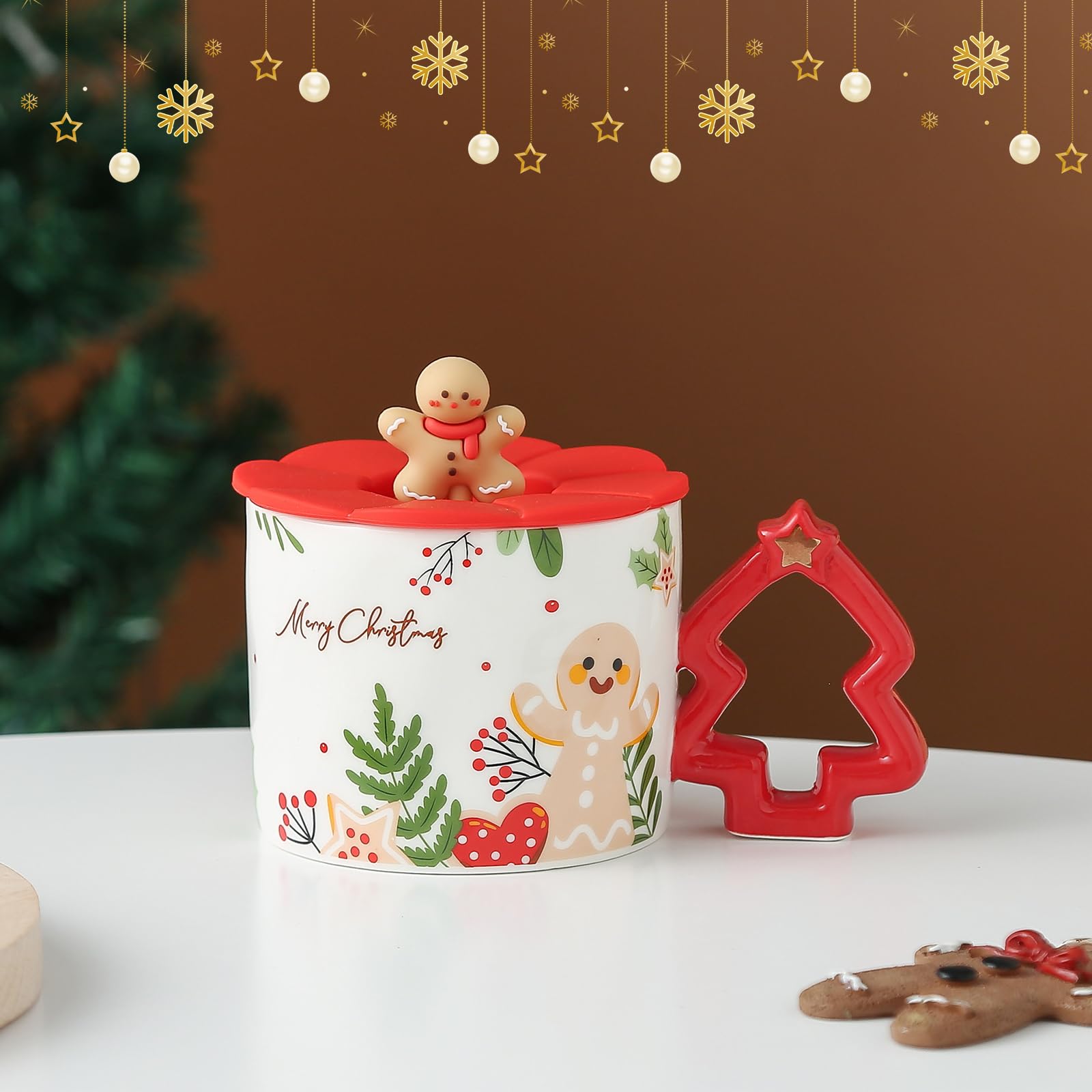 Taza De Cerámica De Navidad Con Diseño De Hombre De Jengibre – 320 Ml – Con Tapa Y Mango – Regalo Festivo Para Café Y Té