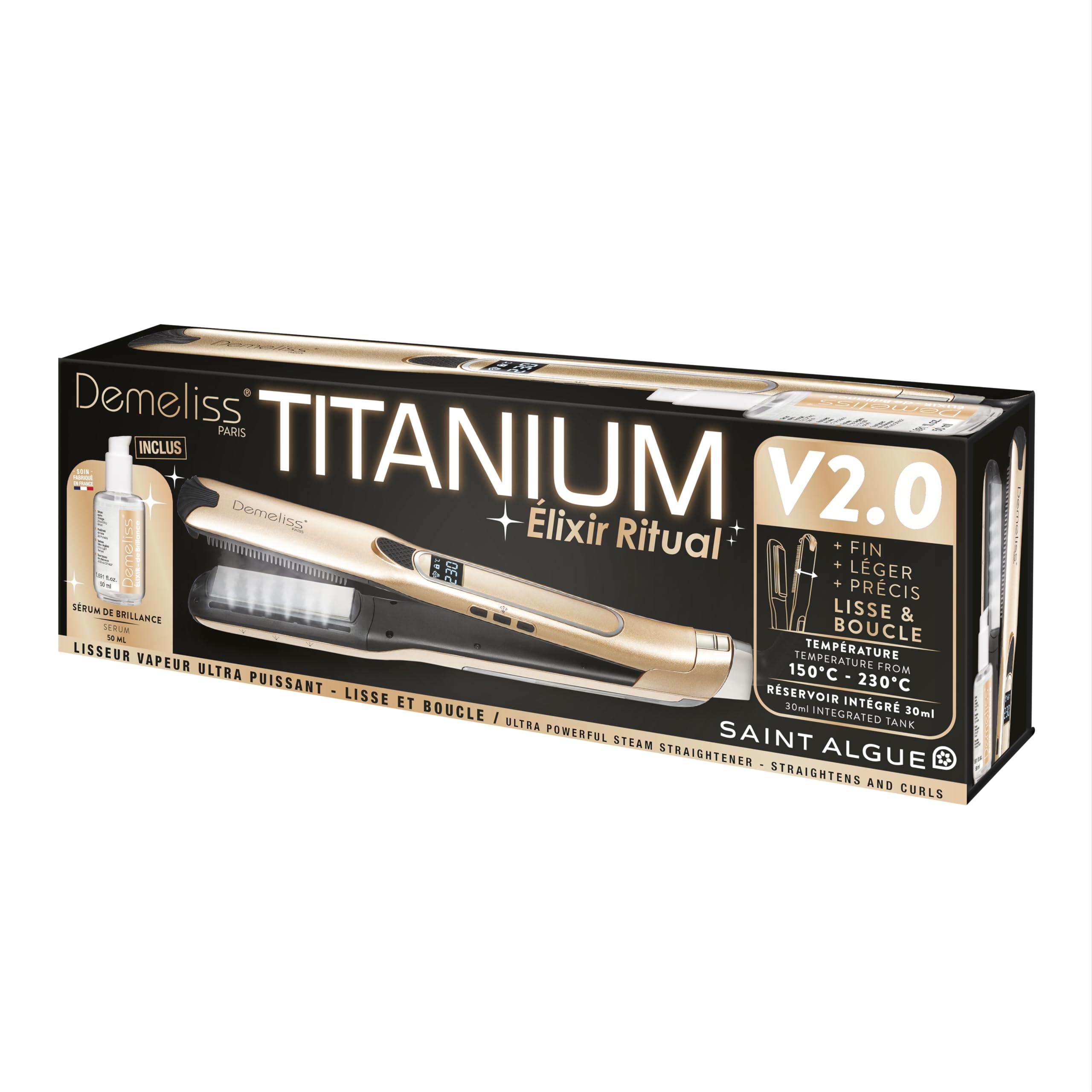 Demeliss Dampfglätter Titanium V2.0 Elixir Ritual – 5 Temperaturen – 30 ml Tank – dünne Platten – abnehmbarer Kamm – Digitaldisplay – Glätten, Locken, Pflege – Professionelles Zubehör