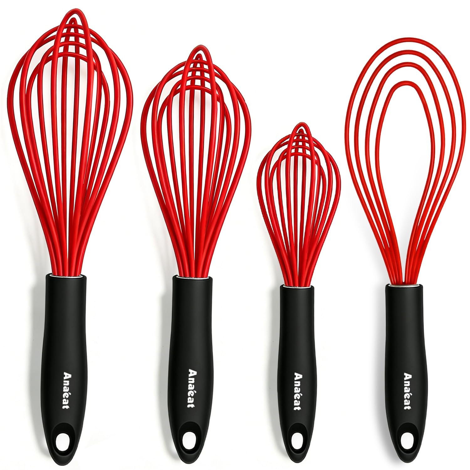 Anaeat Silicone Kitchen Whisk Set of 4, Perfect for Non-Stick Cookware, Milk and Egg Beater Blender for Whisking, Cooking, Baking, Beating - 11'' Flat Whisk and 9''+11''+12'' Balloon Whisks (Red)