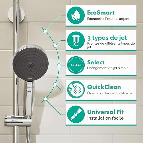 hansgrohe Pulsify Select S - Pommeau de douche économie d'eau avec 9 l/min (EcoSmart), Douchette à main avec 3 types de jet (Edition Relaxation), Douchette ronde (diamètre 105 mm), Chromé - 3