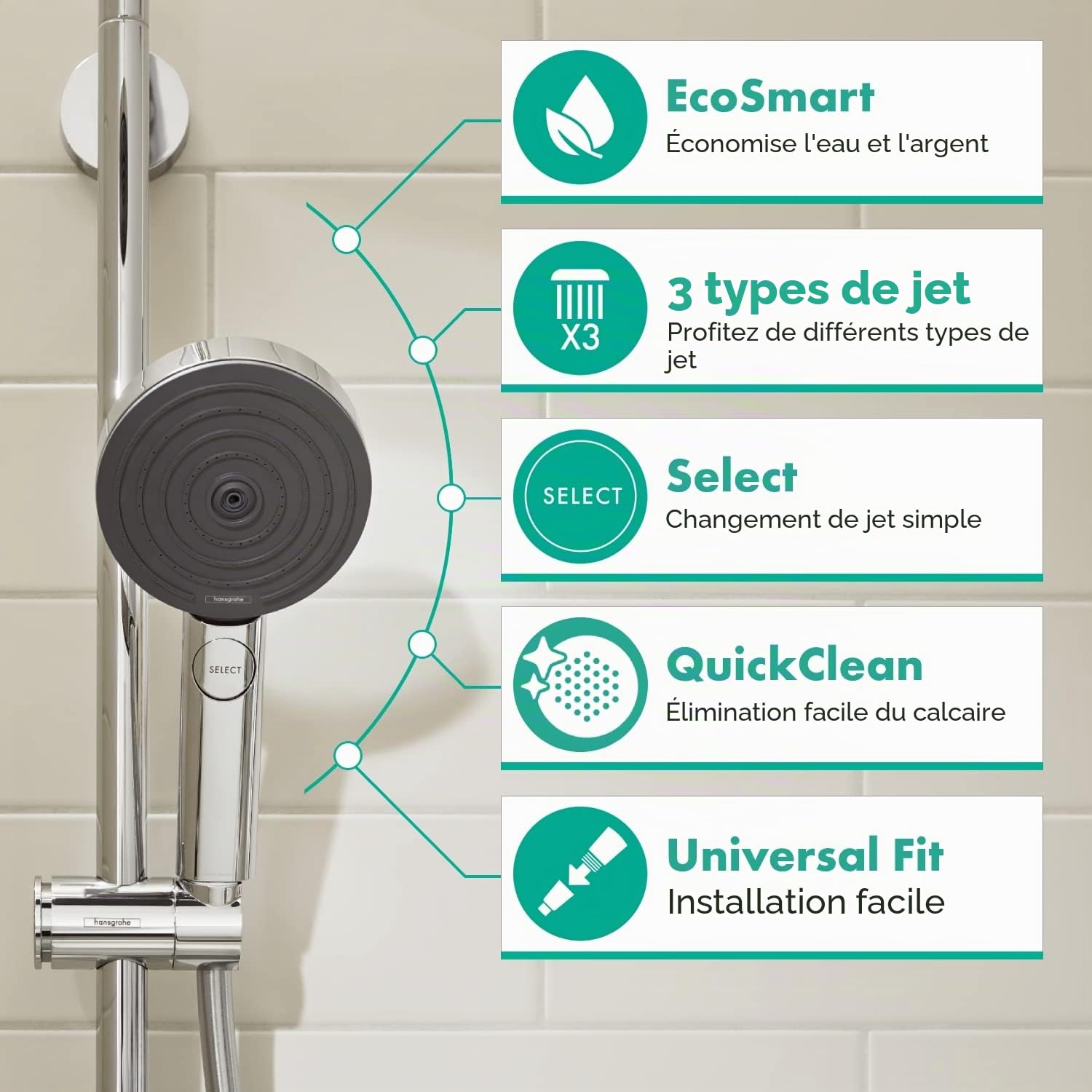 hansgrohe Pulsify Select S Pommeau de douche économie d'eau 9 l/min EcoSmart Douchette à main 3 types de jet Edition Relaxation Ronde 105 mm Chromé