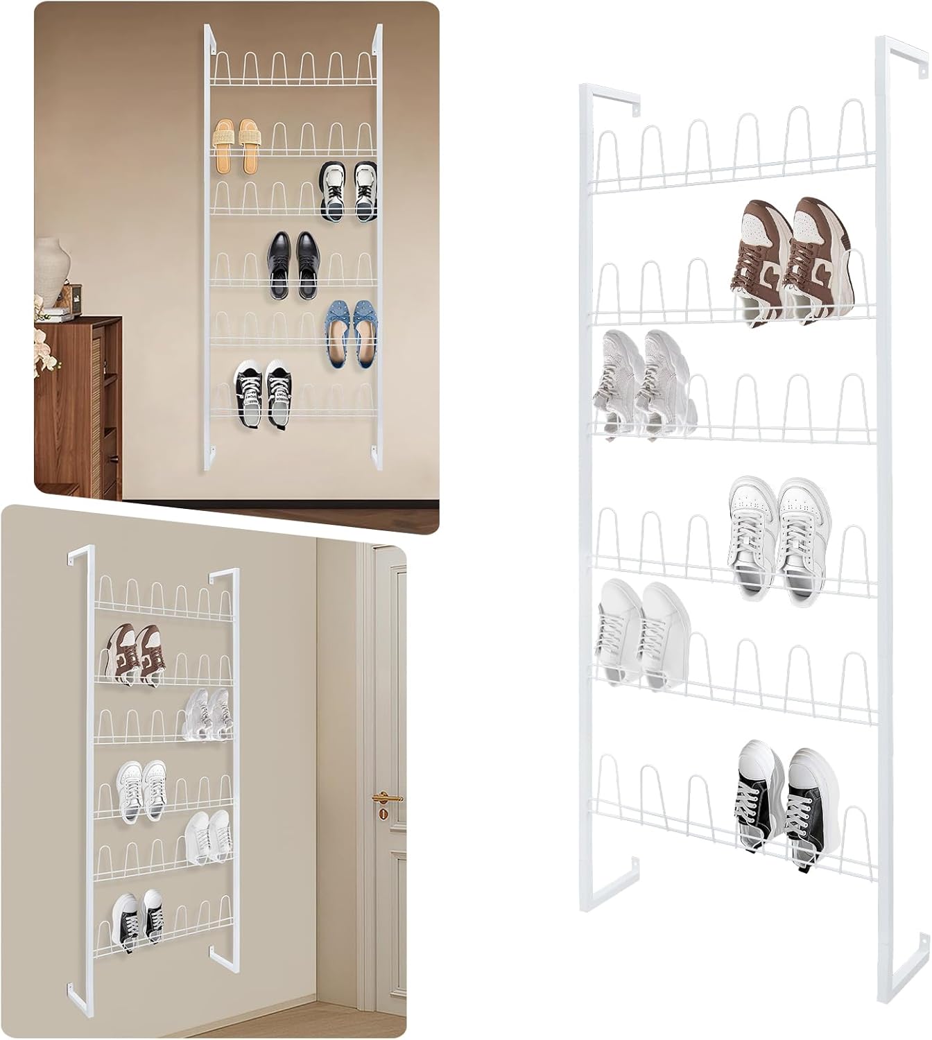 6 Tiers Wall Mounted Shoe Rack, Hanging Wire Shoes Rack with 18 Pairs of Shoes Capacity, Metal Hanging Shoe Rack for Living Rooms, Bedrooms, Cloakrooms, Entryways (White)