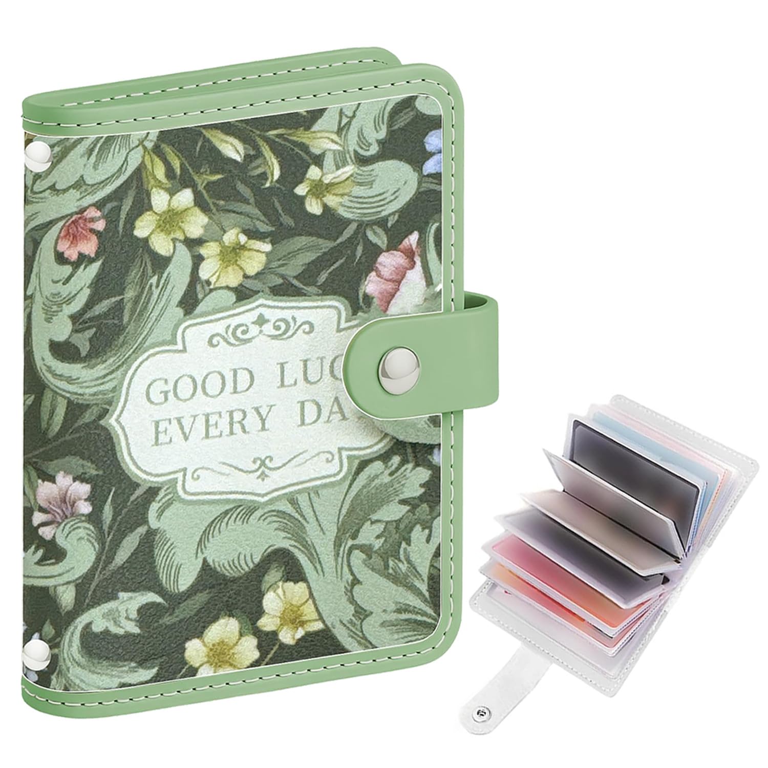 Card Wallet for Women – PU Leather Stylish Floral Card Holder with Zipper, Holds 20 Cards, Compact Card Pouch for Women, Eden Flower Design, Green