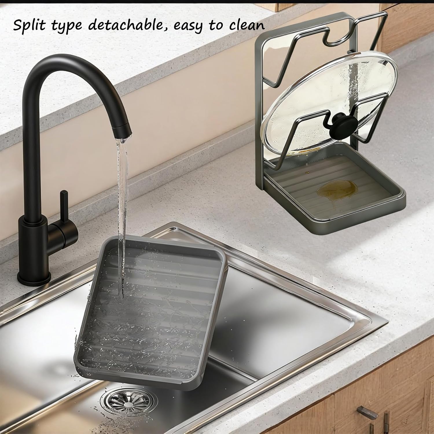 Kitchen Pot Lid Storage Rack, Pot Lid Holder While Cooking for Countertop | Stainless Steel Pot Lid Rack, Kitchen Countertop Organizer Removable Drip Tray, Lid Cutting Board Ladle Storage for Stove Top