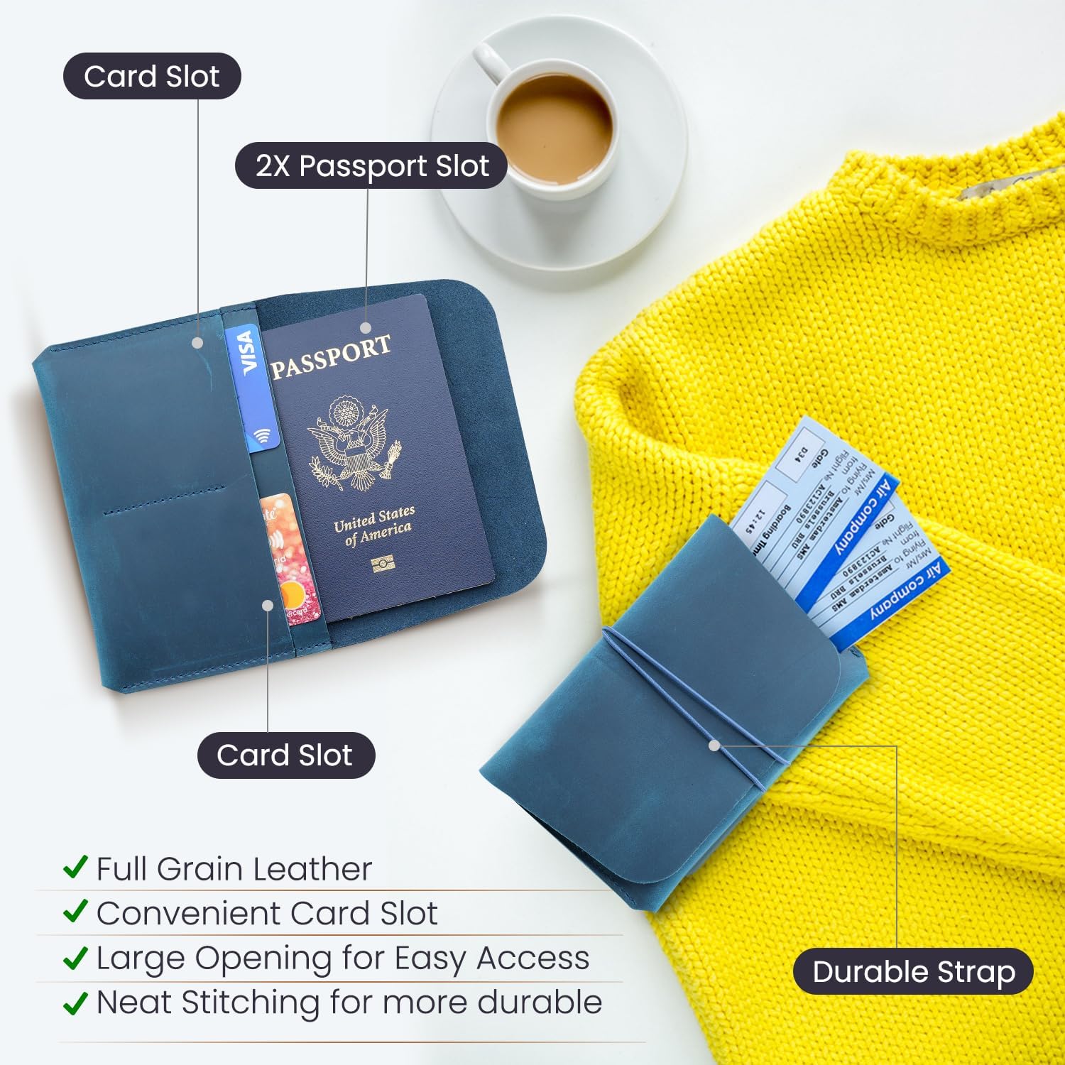 Leather Passport Holder with Travel Wallet, Genuine Leather Passport Cover- Passport Wallet, Leather Folding Wallet for Passports (Strap, Blue)