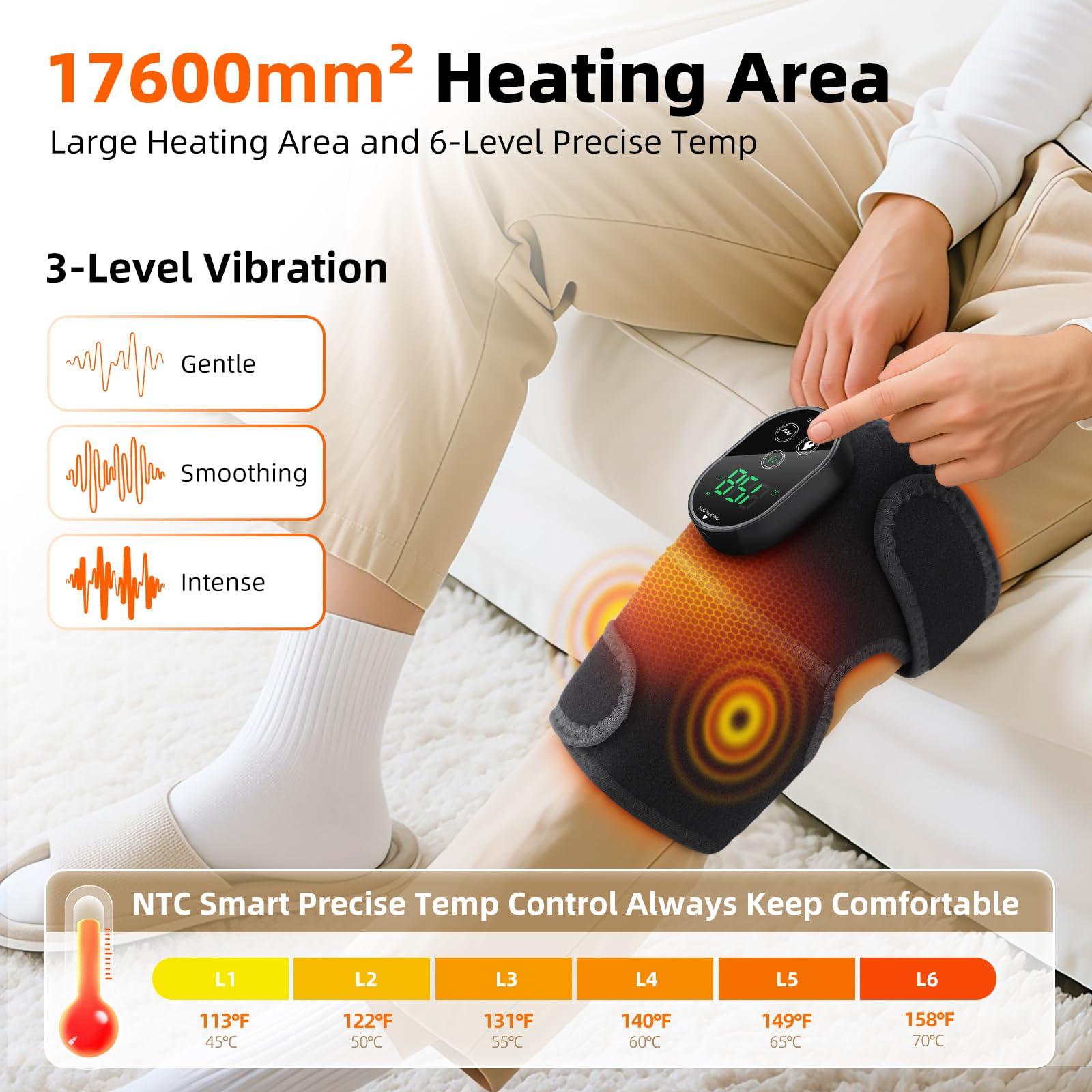 Knie Massagegerät Kabelloser mit 3 Vibration 6 Heizstufen 3 Timer Schwarz | Kniewärmer Massage mit 3000mAh, Massage Heizkissen für Knie Schulter Ellenbogen, kniemassagegerät Geschenk für Vater Mutter