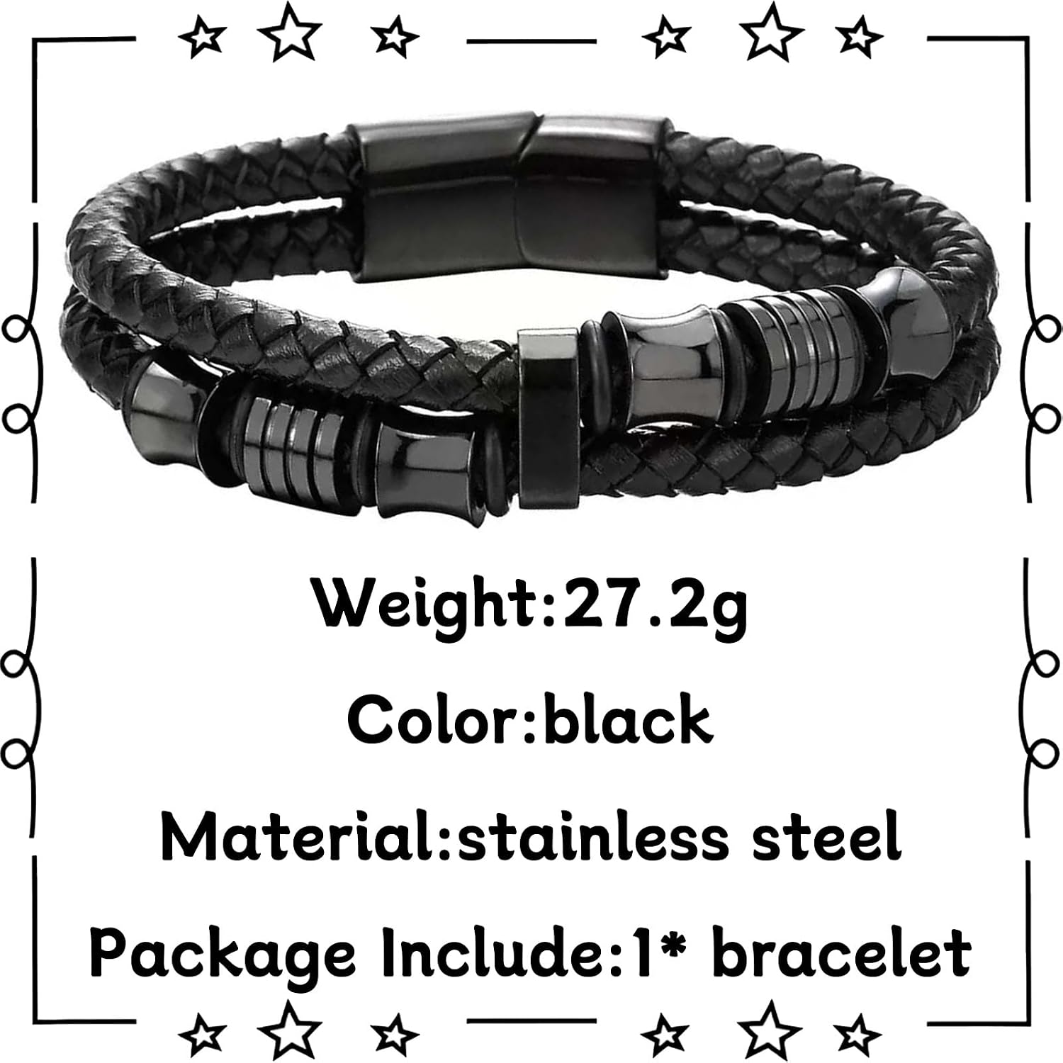 GAUEIOUR Leather Bracelets Mens Jewellery Gifts to My Son Dad Bracelet Retro Leather Black Double Layer Stainless Steel Clasp Cuff Bangle for Father's Day Graduation Birthday for Daddy Son (8.5 in)