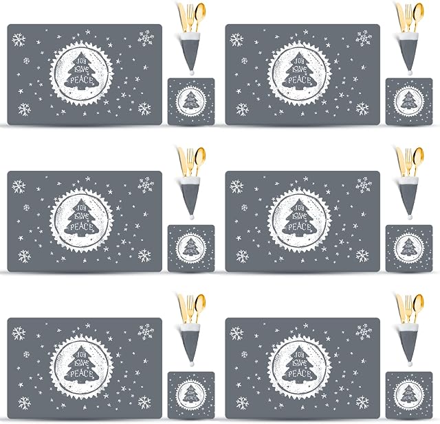 Christmas Table Decoration - 18Pcs Christmas Placemats Coasters Cutlery set, Christmas Placemats Sets, Christmas Table Mats, Home Table Mats, Washable Heat Proof Table Mats