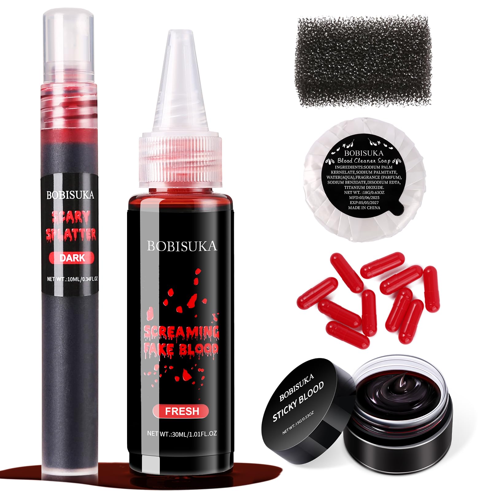 Halloween Fake Blood SFX Makeup Kit – Realistic Liquid Spray, Dripping Blood, Coagulated Gel, Capsules, Sponge & Soap – Washable Special Effects Body Paint for Vampire & Zombie Costumes