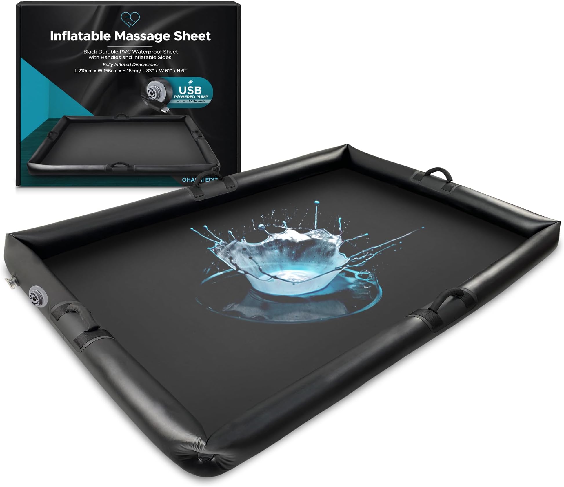 Inflatable Massage Sheet with Inflatable Sides | Black Durable PVC Waterproof | 210 x 156 x 16 cm, 83 x 61 x 6 inches | Protection Against Oil, Water-Based, and Silicone-Based Products