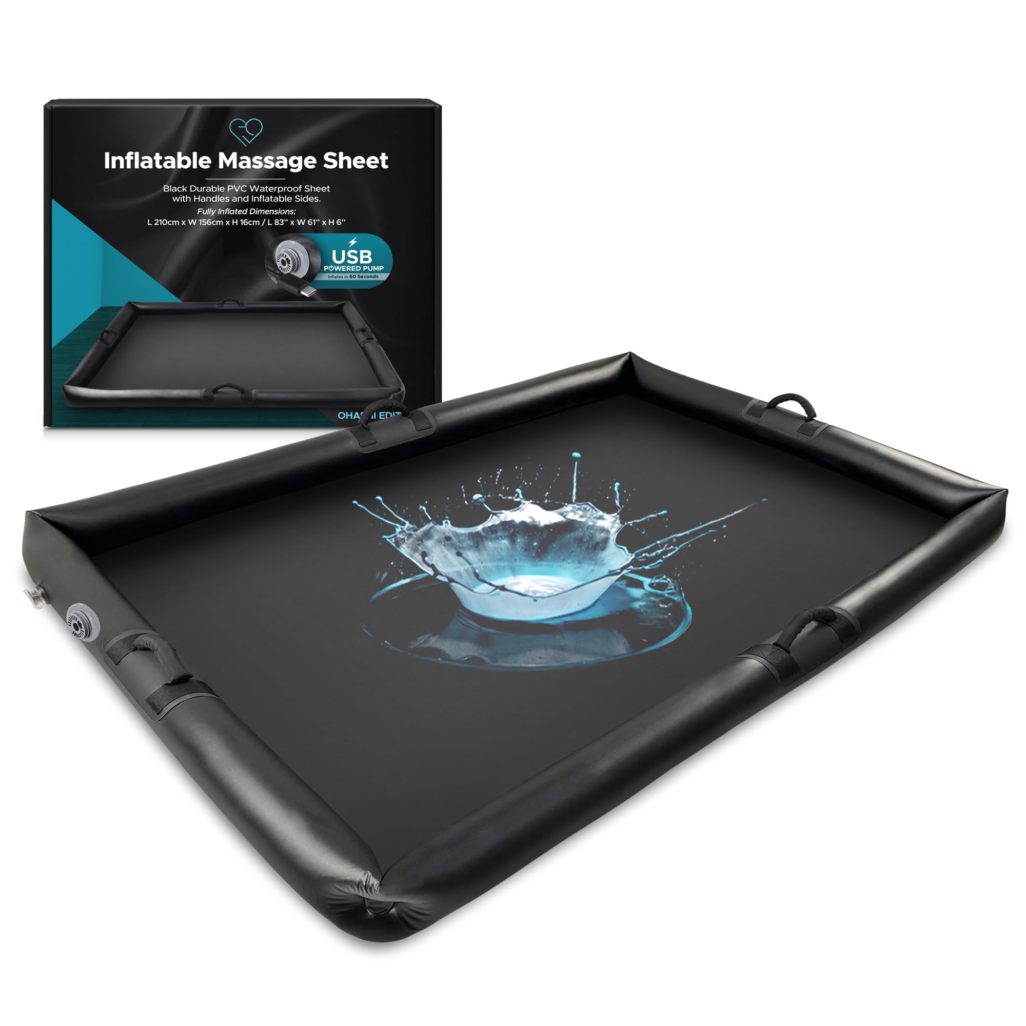 Inflatable Massage Sheet | Black Durable PVC Waterproof Sheet with Inflatable Sides | 210cm x 156cm x 16cm | Nuru Massage Therapy Sheets