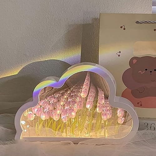 Luz nocturna de espejo de tulipán de nube, lámpara creativa de tulipán de nube, lámpara de mesa de flores de simulación hecha a mano para decoración