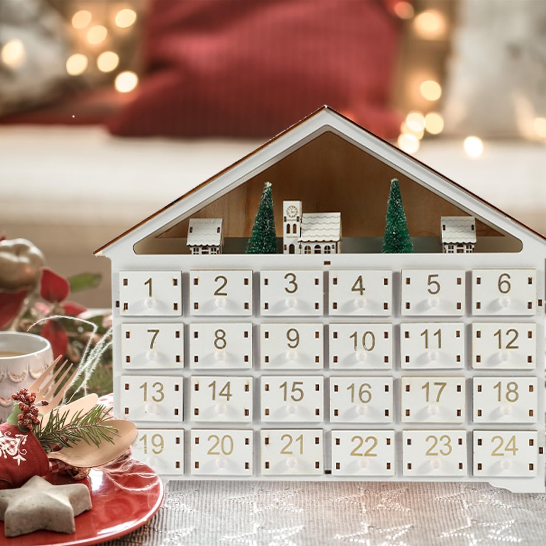 Calendario de Adviento de madera con 24 cajones y luces LED - Calendario de cuenta regresiva de Navidad vacío y reutilizable para llenar usted mismo (sin batería) - Adviento de bricolaje