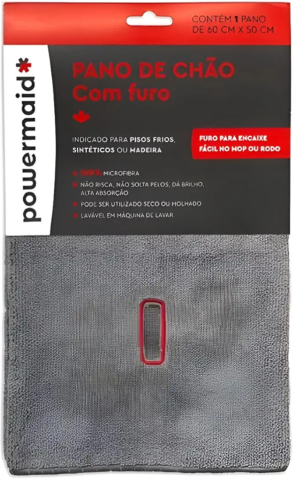 Powermaid, Pano de Microfibra para Chão com Furo para Rodo, 60x50cm, Cinza, 2 Unidades