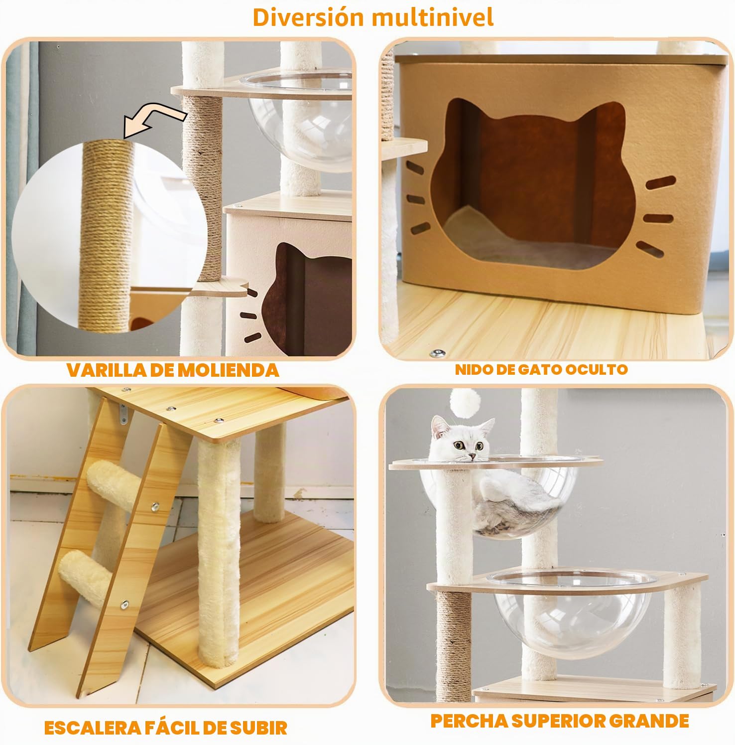 Árbol para gatos de interior de 145 cm, condominio de varios niveles con 2 cuencos, 1 casa, 2 perchas, 1 escalera, 1 pompones, peso de carga de 15 kg, árbol de madera para gatos (beige N3)
