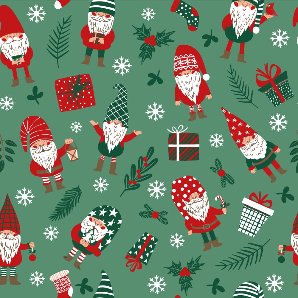 Polycotton Fabric Gifts & Gonks Gnome Presents Snow Christmas Festive (Sold Per Metre) (Green)